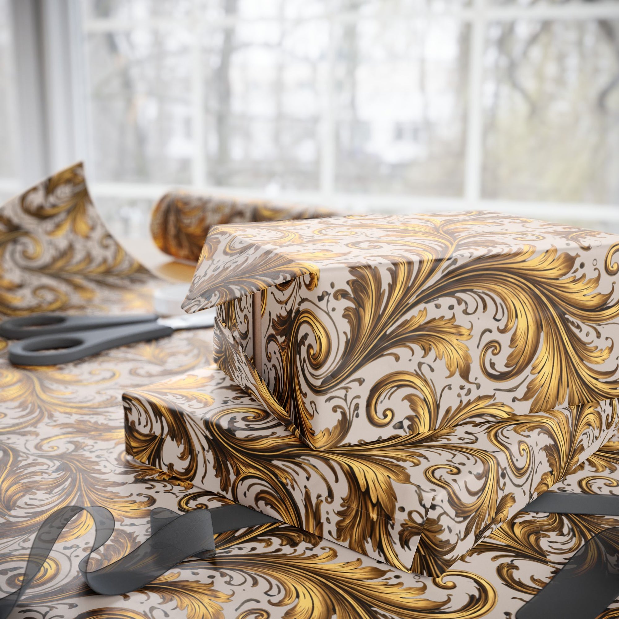 Decorative gold and gray patterned wrapping paper with scissors on a light background