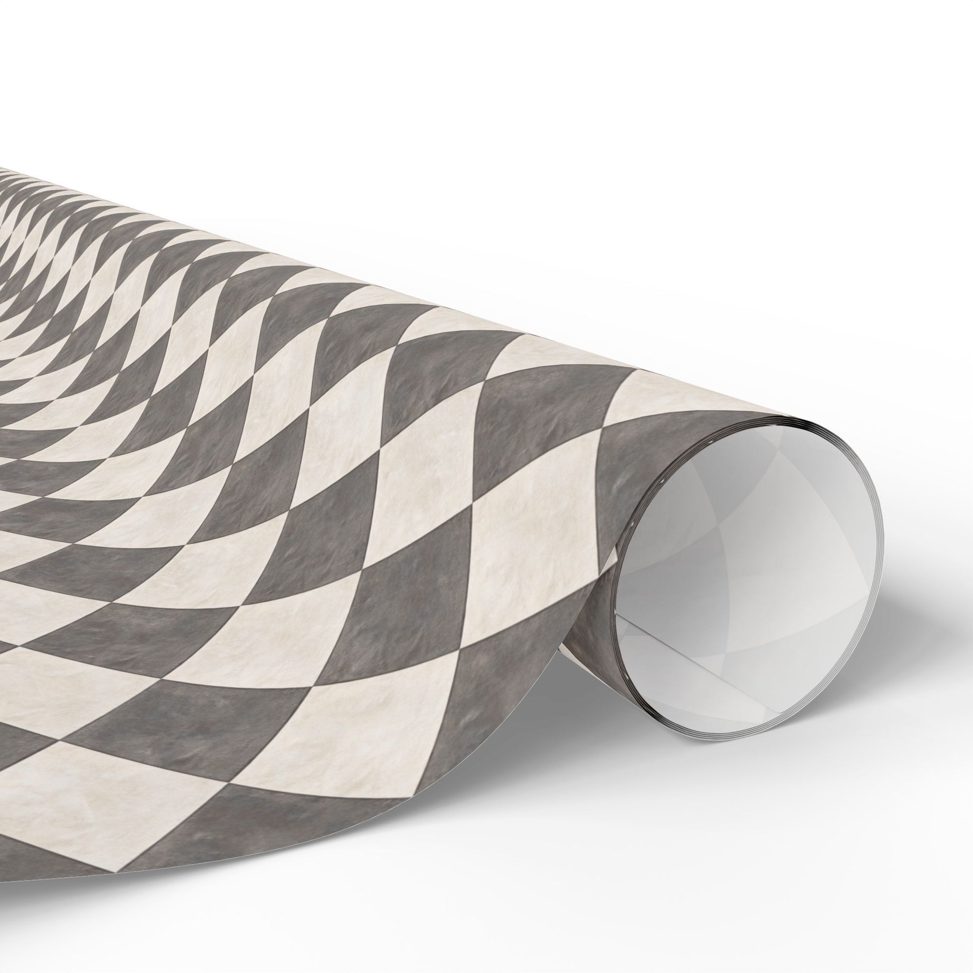 Roll of patterned paper with geometric design on a white background