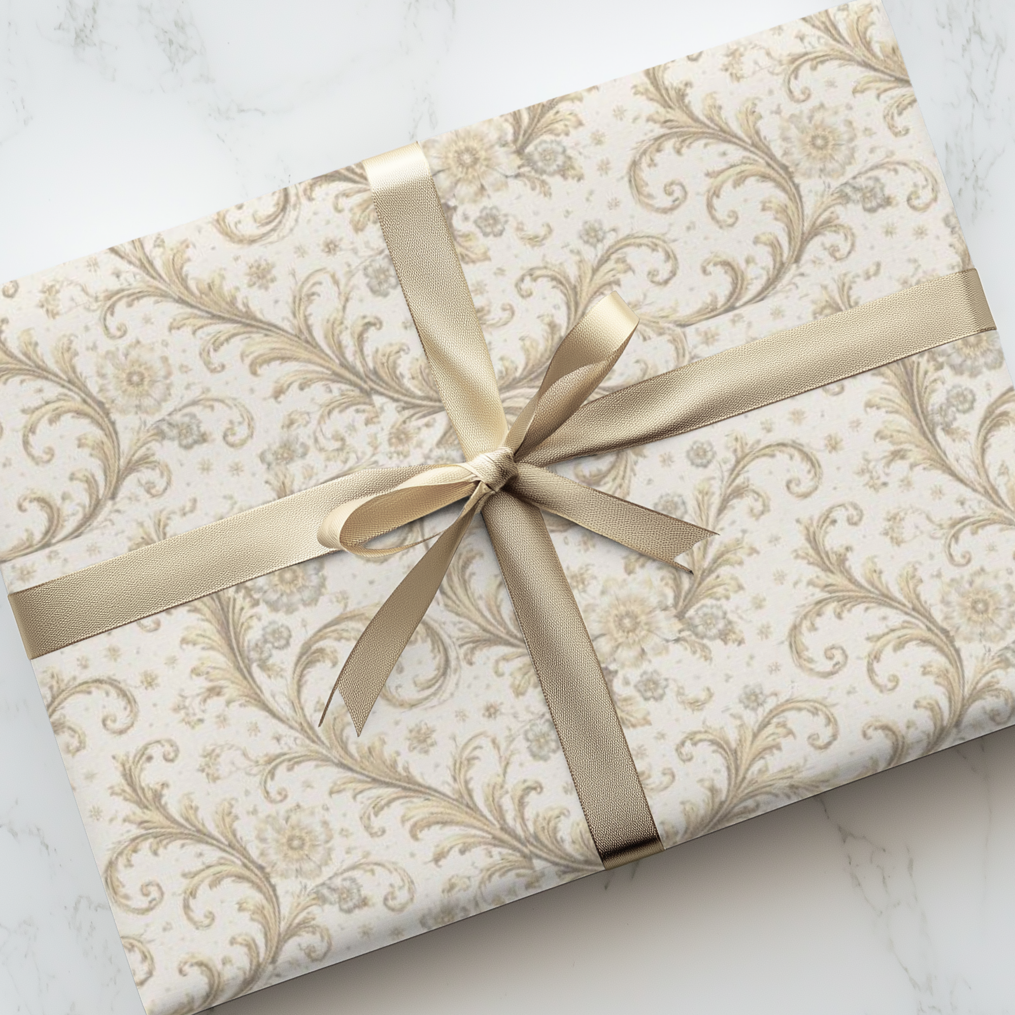 Gilded Age inspired ivory floral wrapping paper with ornate vintage scroll pattern with flowers wrapped on elegant gift boxes.