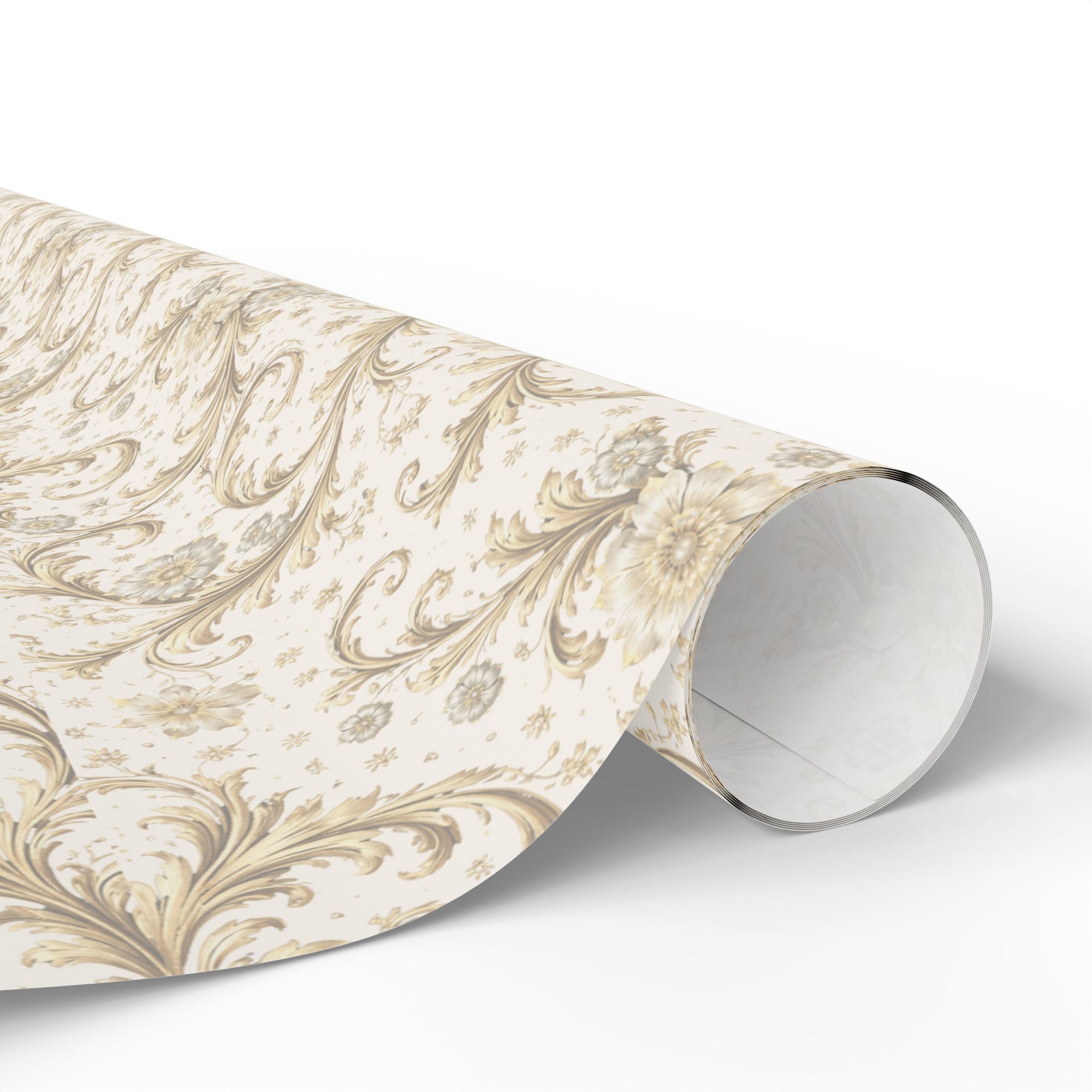 Roll of decorative paper with intricate gold and beige pattern on a white background