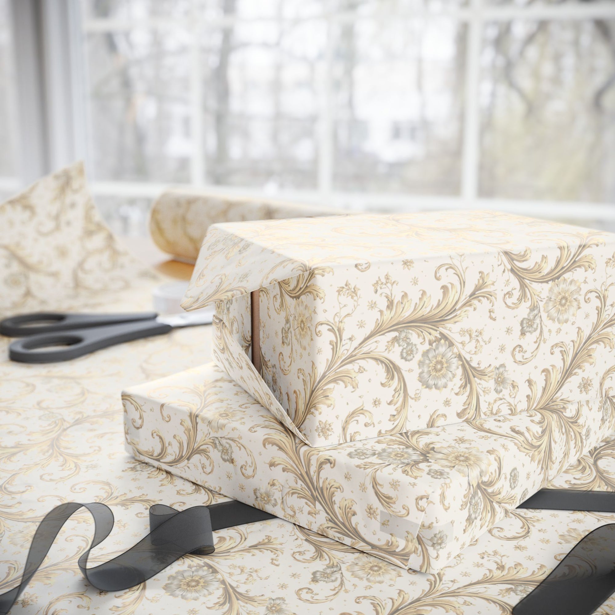 Gift box wrapped in wrapping paper featuring scroll work and flowers with a ribbon and scissors on a table.