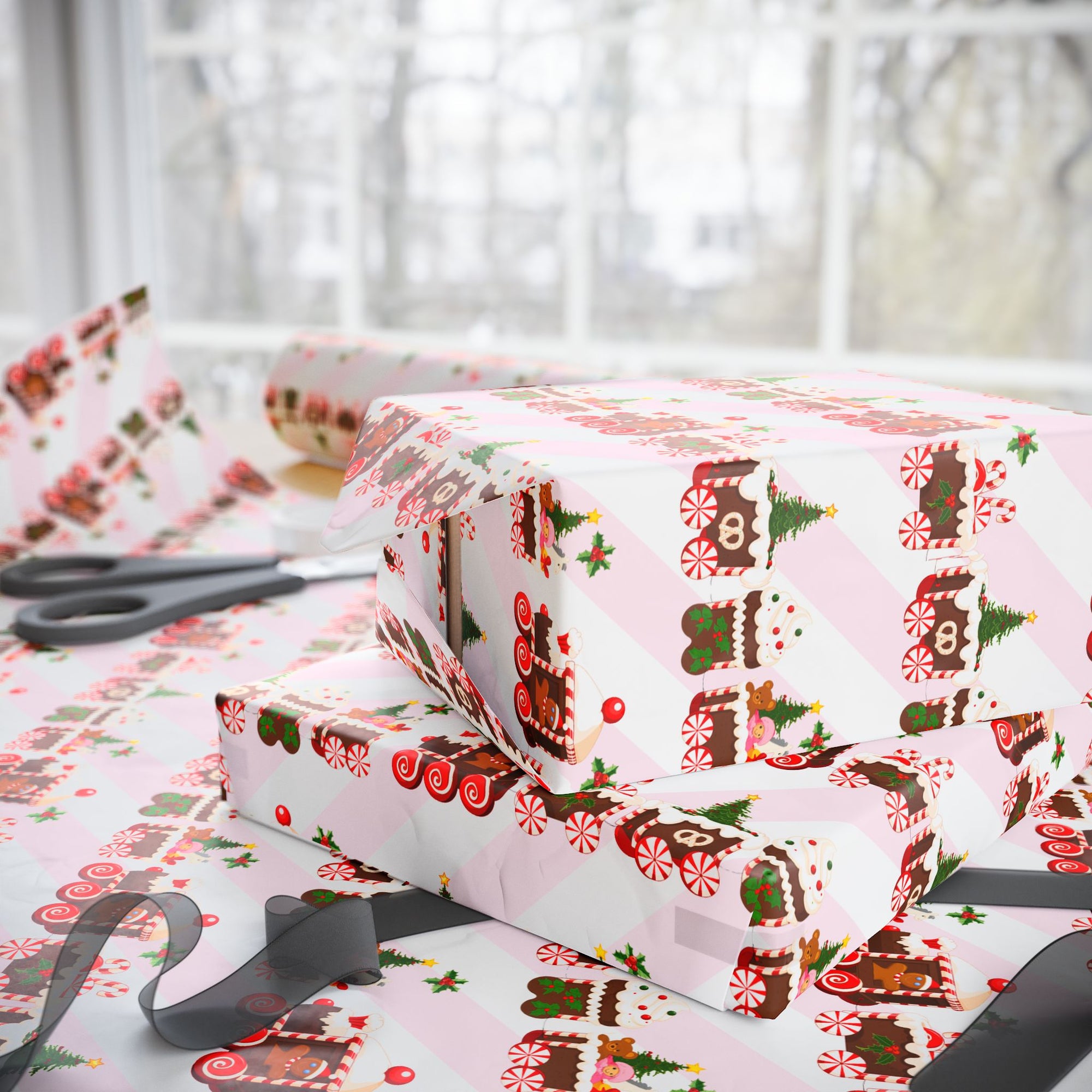 Gift box with a gingerbread Christmas train wrapping paper on table