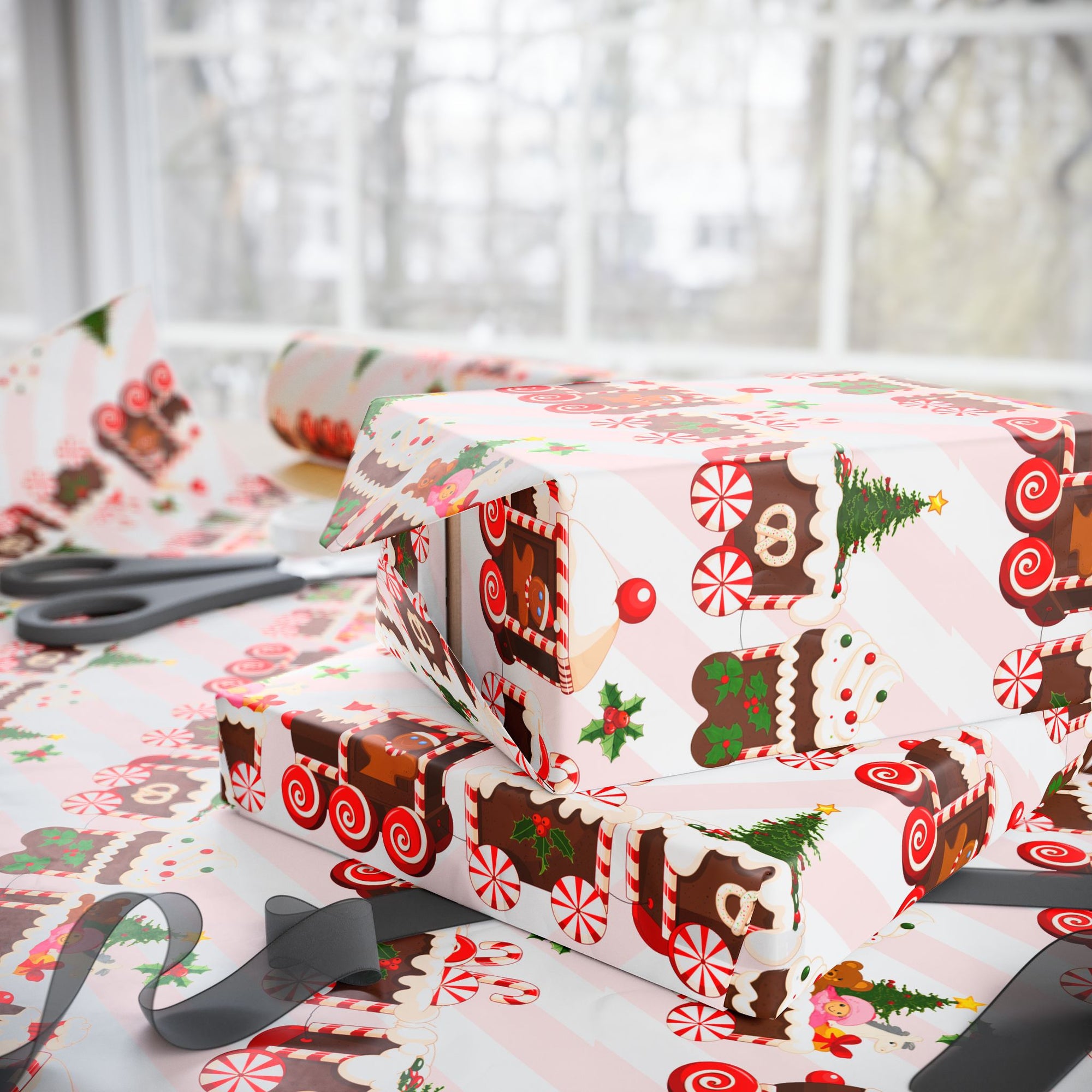 christmas-train-wrapping paper roll-with-gingerbread-and-candy side view