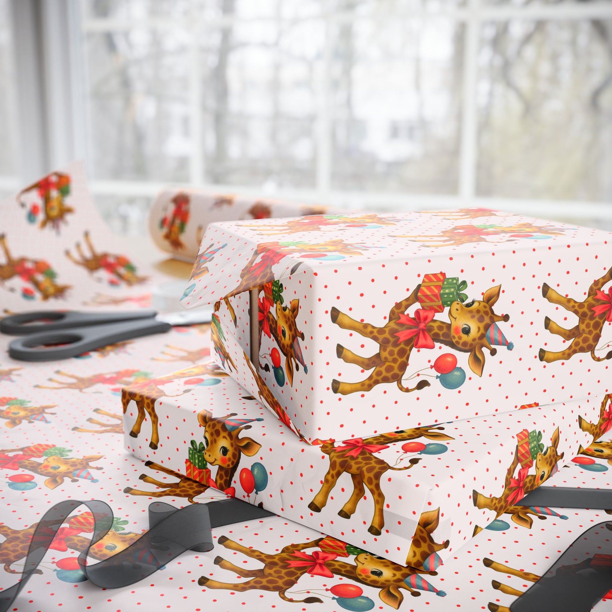 animal theme wrapping paper for childrens birthdays featuring a giraffe wearing a party hat with balloons and presents on dotted background