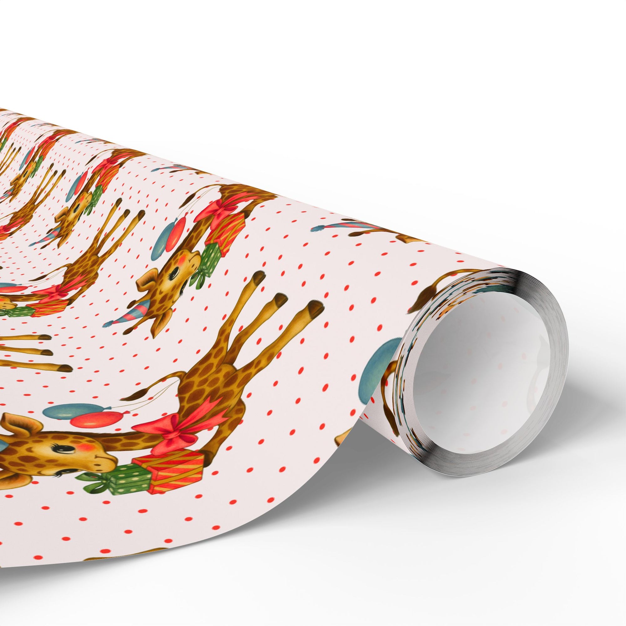Animal theme wrapping paper for childrens birthdays featuring a giraffe wearing a party hat with balloons and presents on dotted background