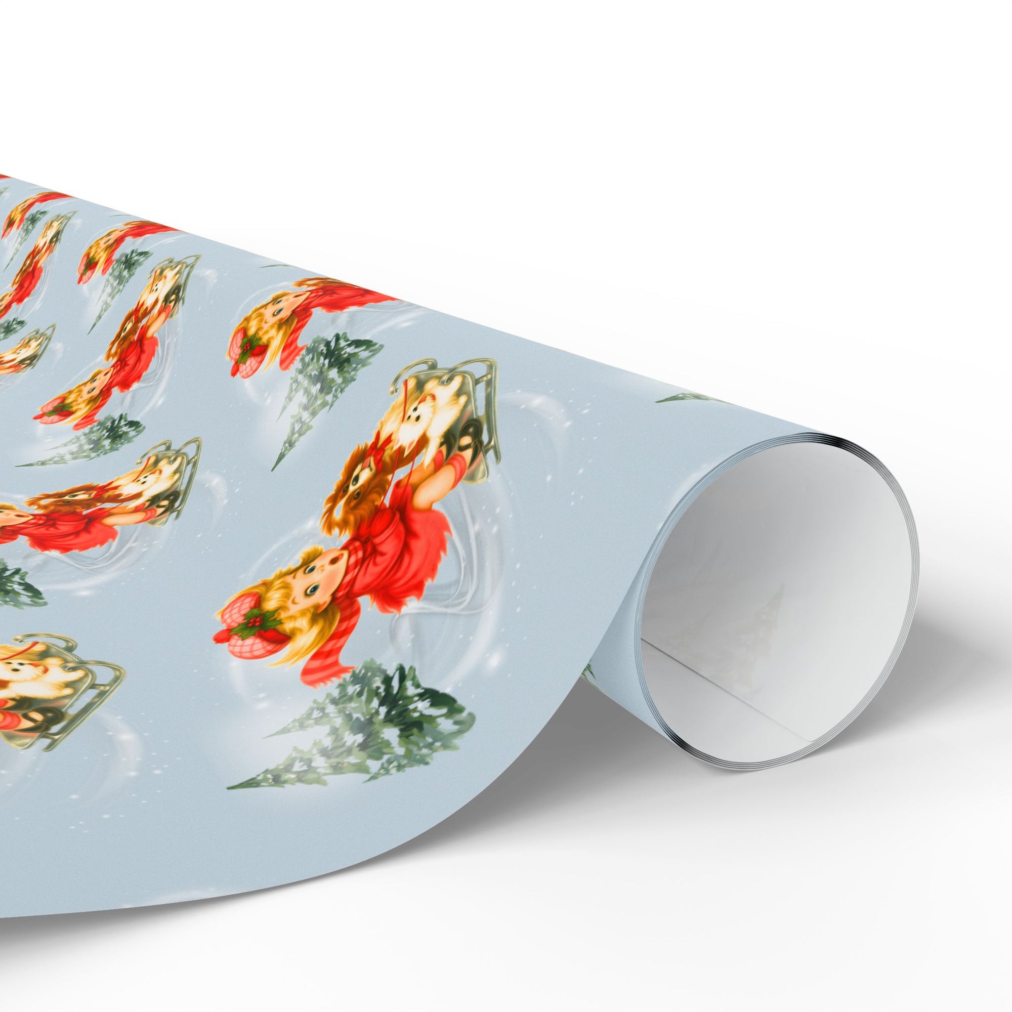 Vintage Christmas wrapping paper little girl sledding with westie and cavalier dogs on pale blue background with snowy pine trees.