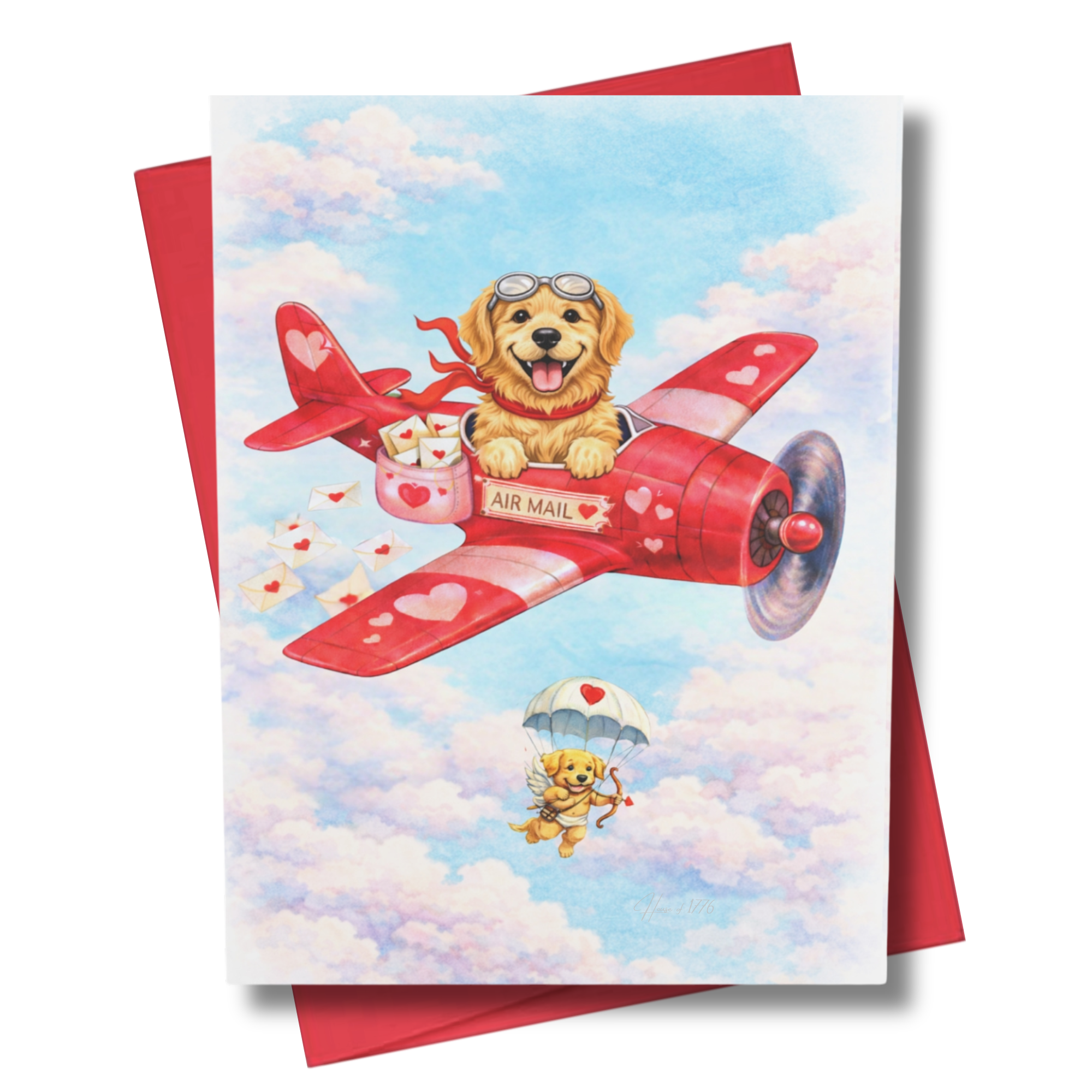 Greeting card with a golden retriever in a red airplane and a puppy with a parachute, set against a blue sky with clouds.