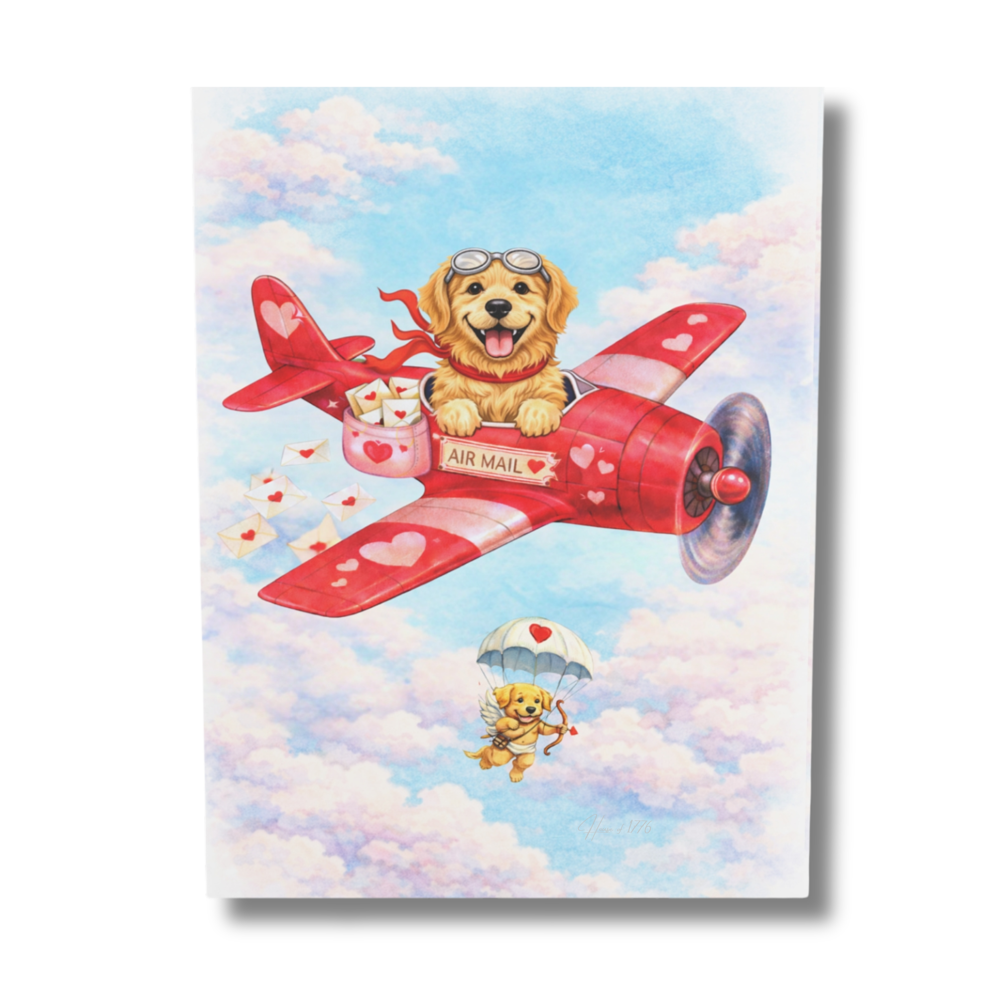 Golden retriever dog in a red airplane with hearts against a blue sky.