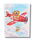 Golden retriever dog in a red airplane with hearts against a blue sky.