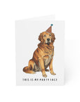 Card with a golden retriever wearing a party hat and text 'This is my party face' on a white background