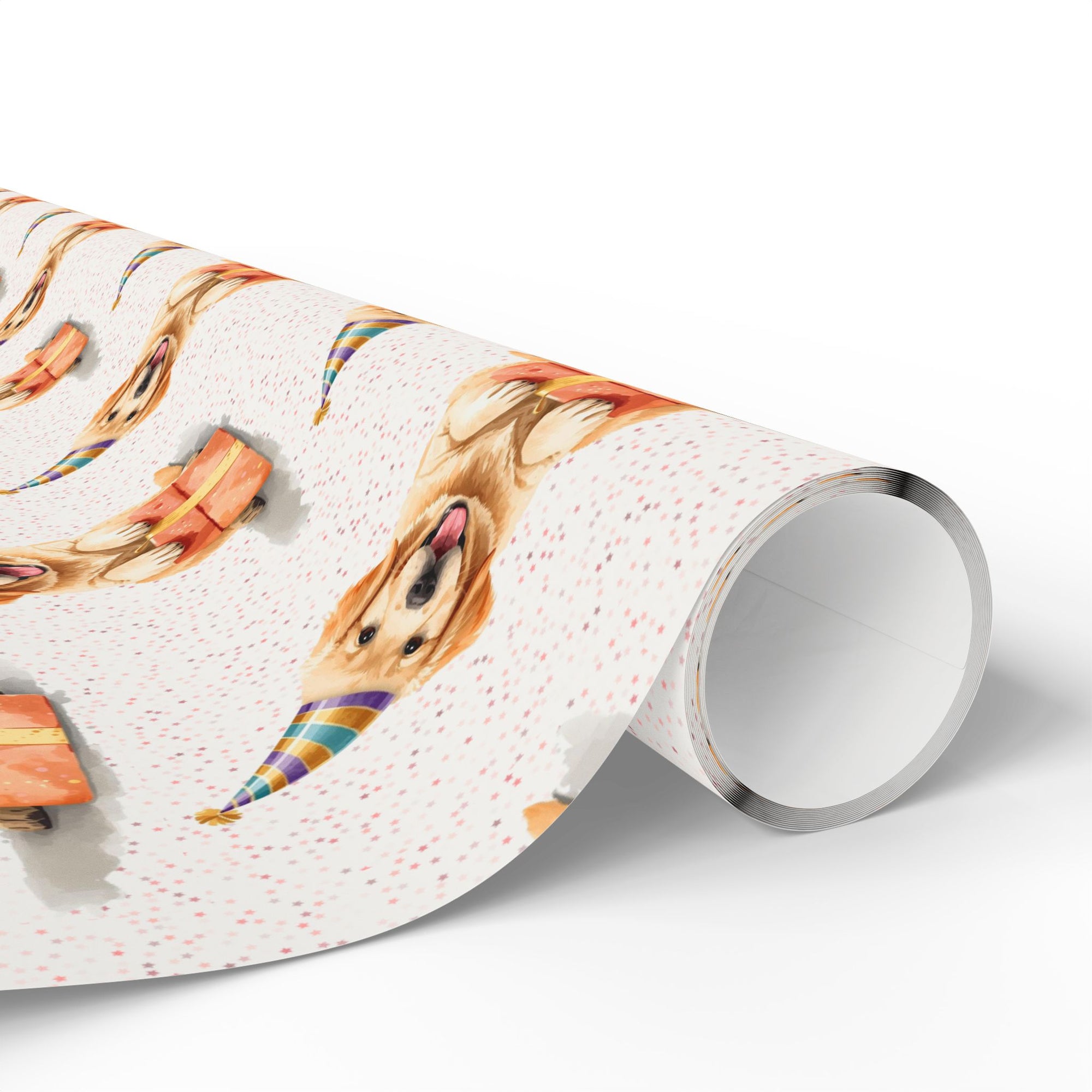 Roll of wrapping paper with a golden retriever dog design.