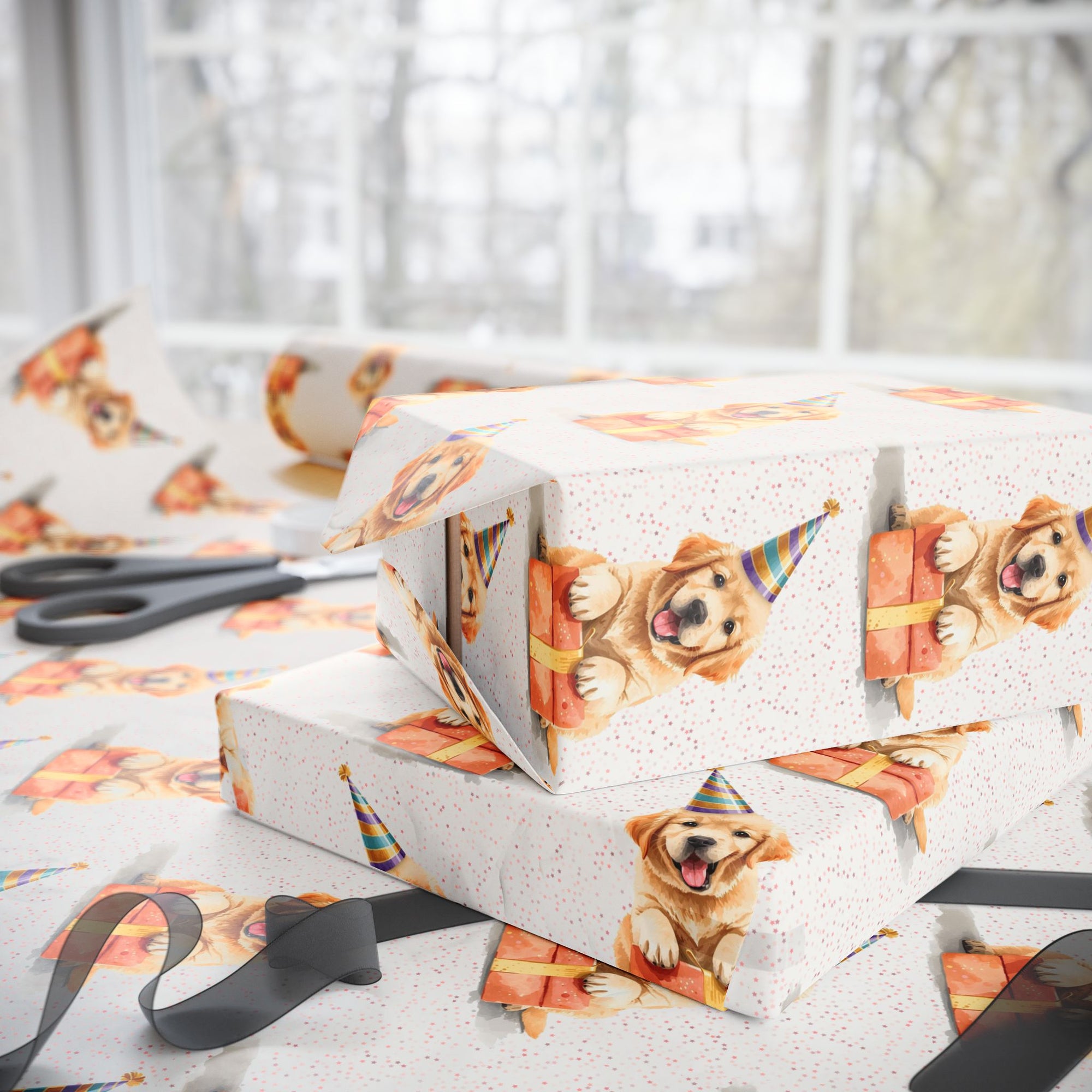 Birthday gift wrapped in paper with golden retriever dogs in party hats.