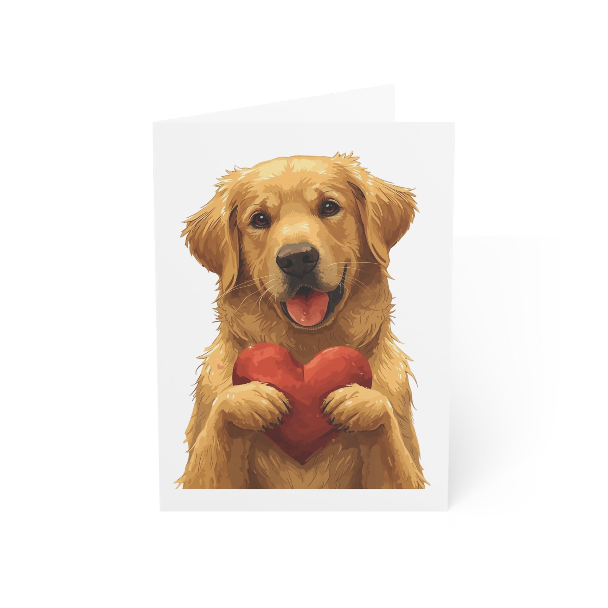Illustration of a golden retriever holding a red heart on a white background