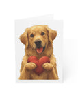 Illustration of a golden retriever holding a red heart on a white background