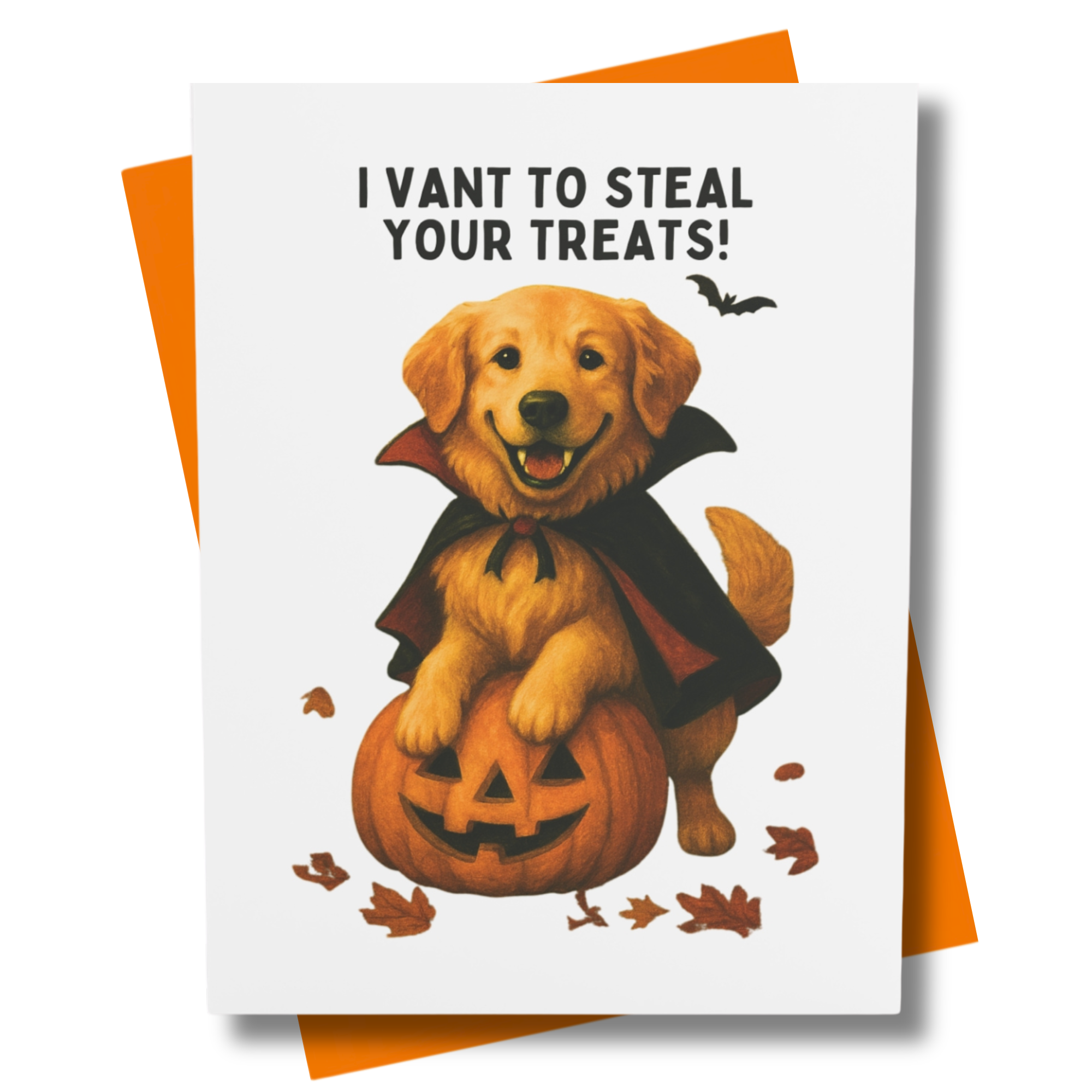 Retro-style greeting card features a Golden Retriever Dog dressed as a vampire, perched on a smiling jack-o’-lantern.