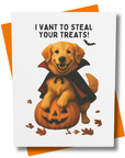 Retro-style greeting card features a Golden Retriever Dog dressed as a vampire, perched on a smiling jack-o’-lantern.