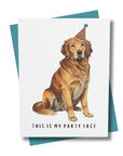 Greeting card with a dog wearing a party hat and text 'This is my party face' on a white background.