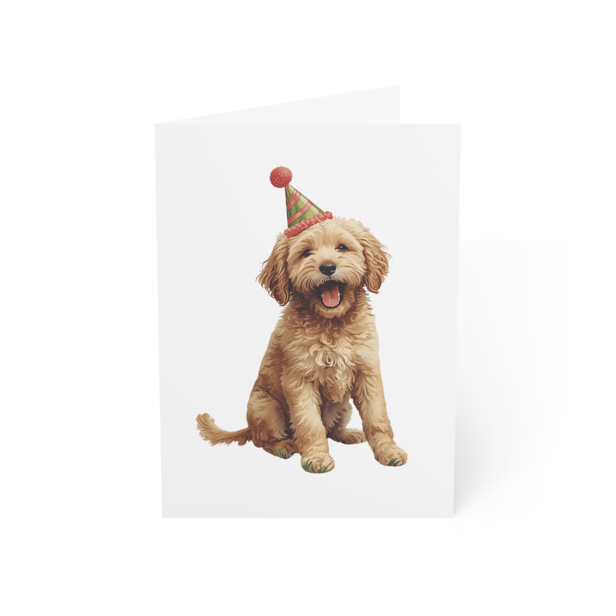 goldendoodle puppy wearing a party hat on a white background