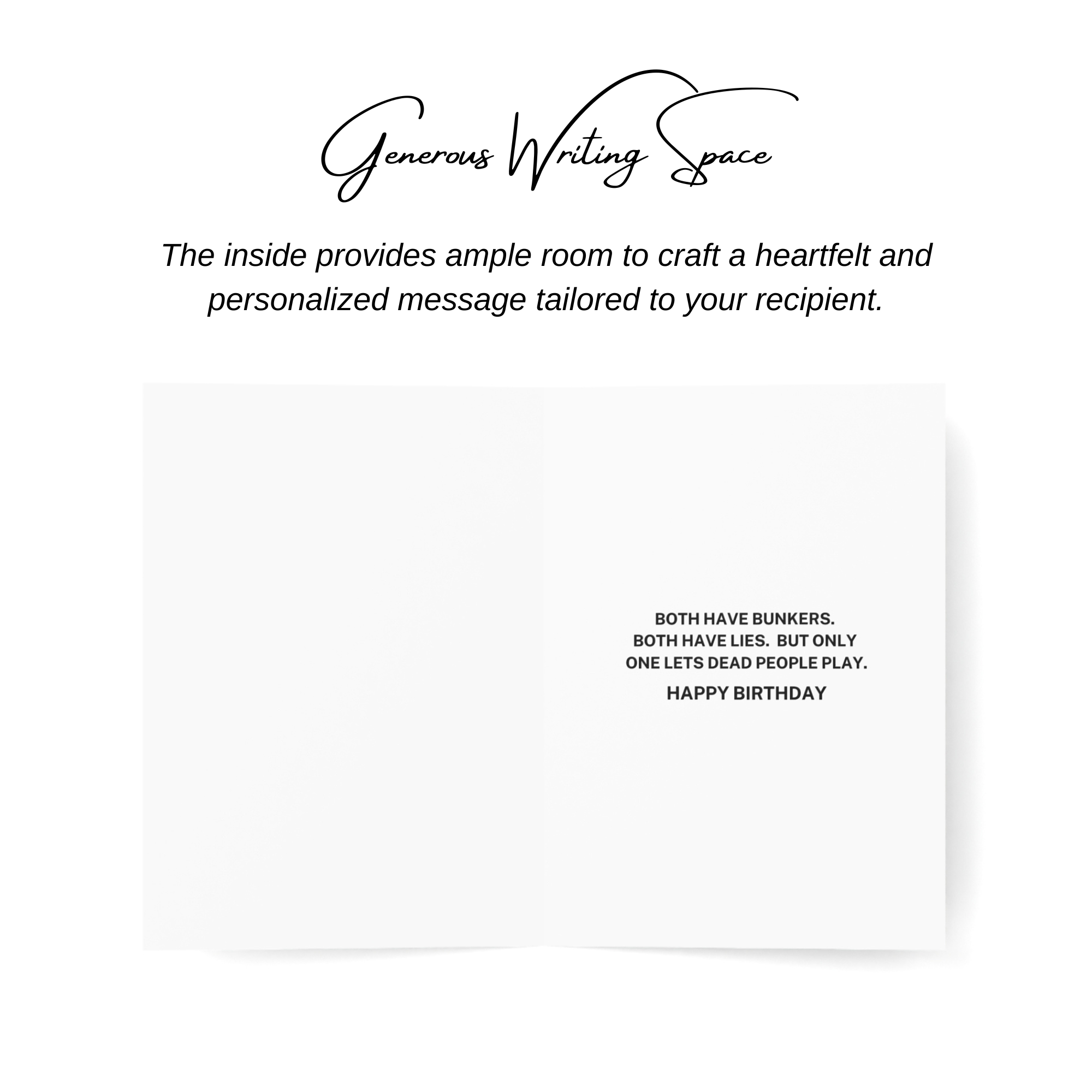 Interior of golf is like politics birthday card with text that says both have bunkers, both have lies, but only one lets dead people play. happy birthday.