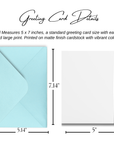 Greeting card with dimensions and text about card size and material.