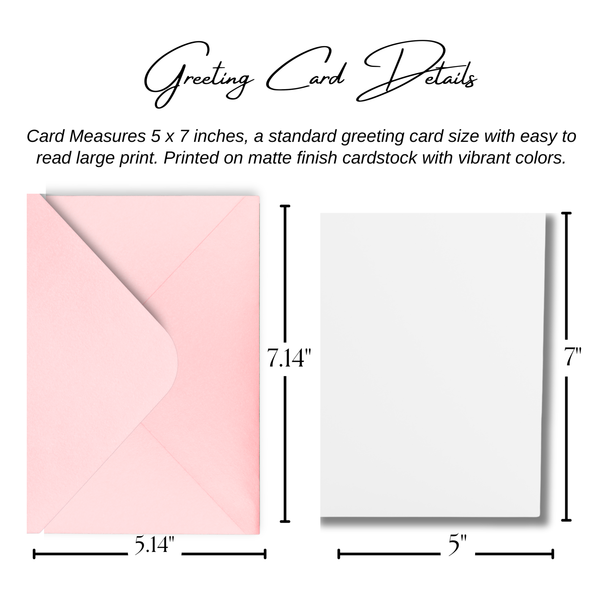 Greeting card with dimensions and details on a white background