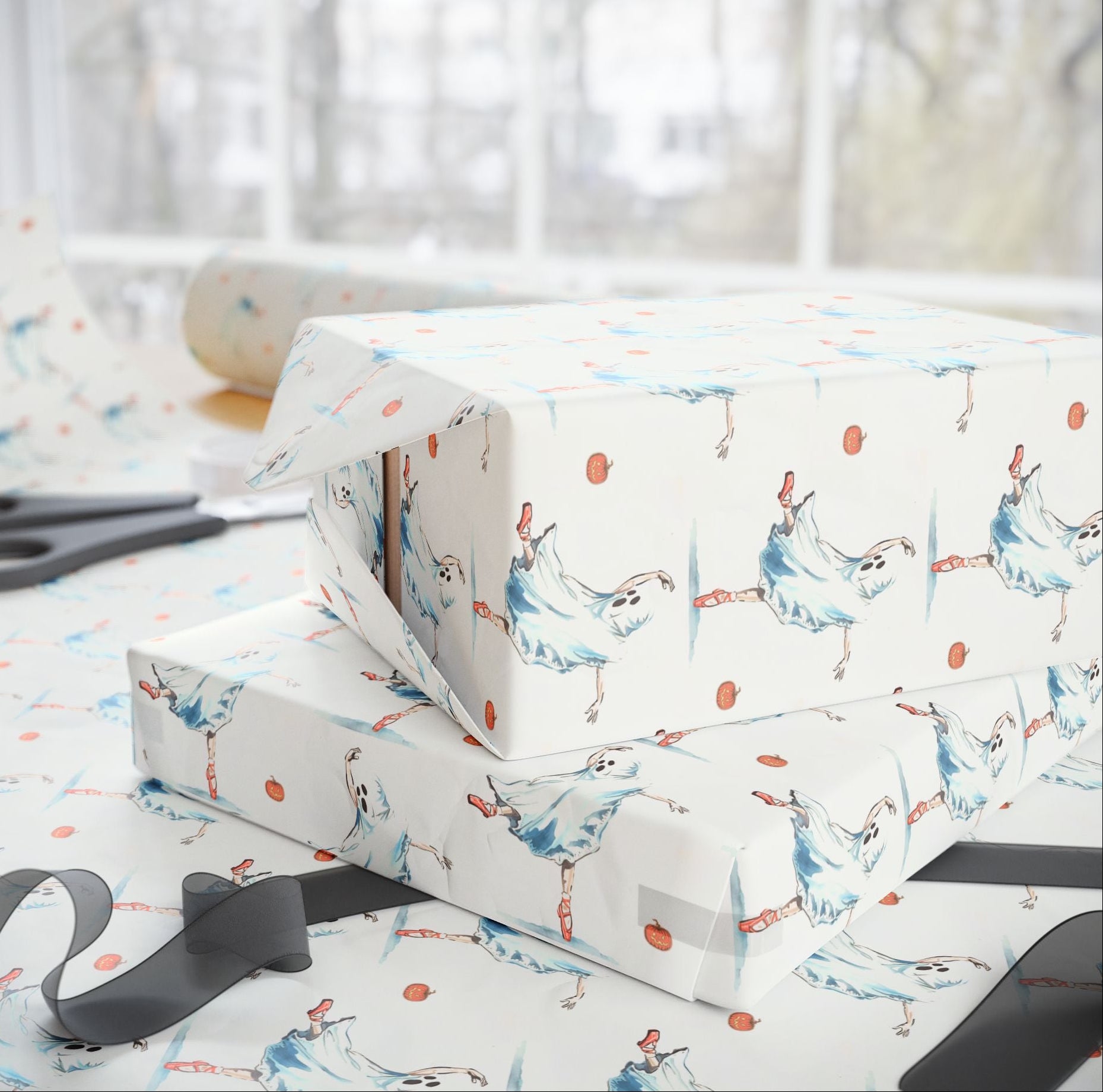 Ghost Halloween Wrapping Paper with ghost in ballet slippers and pumpkin in mid-century style