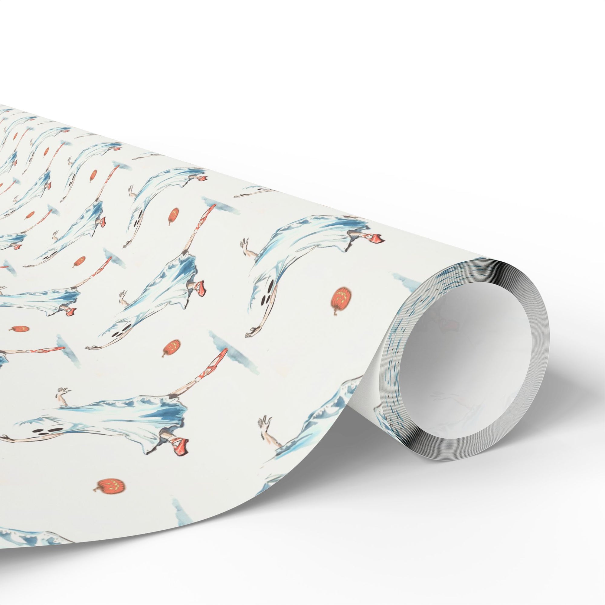 Ghost Halloween Wrapping Paper roll with ghost dancing ballet slippers and pumpkin in mid-century style