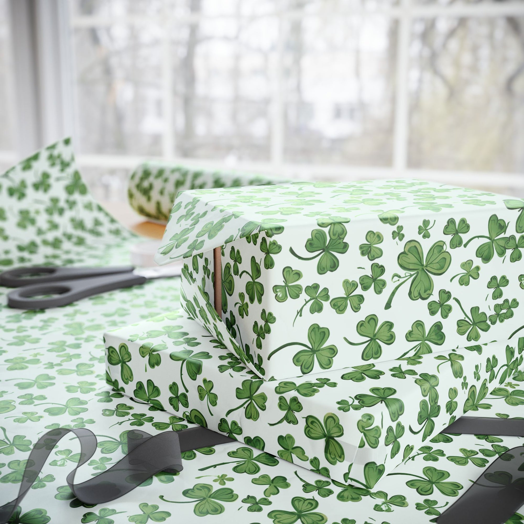 Green shamrock patterned wrapping paper against a mint green background.