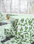 Green shamrock patterned wrapping paper against a mint green background.