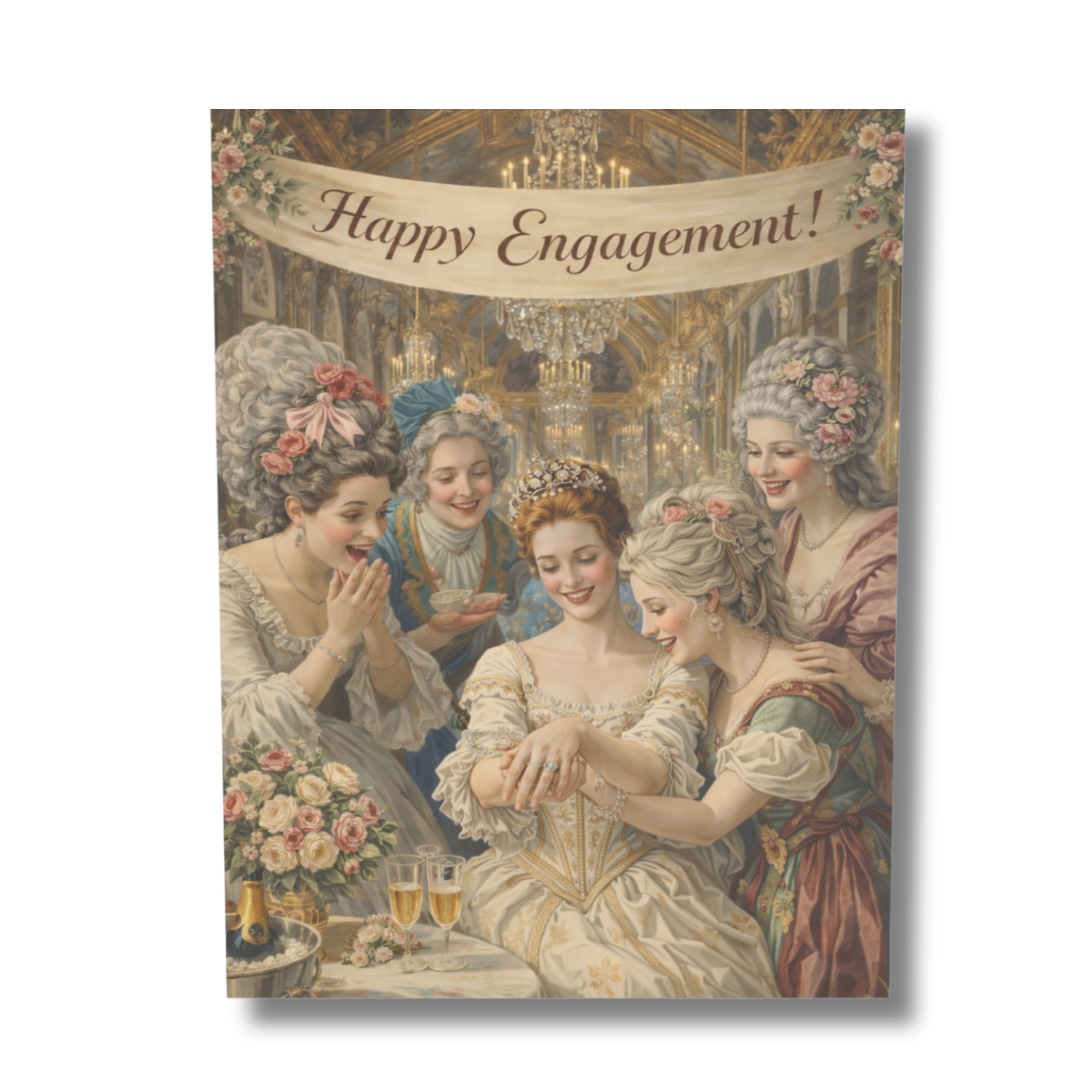 Vintage-style card with women in formal attire celebrating an engagement, featuring the text 'Happy Engagement!'.