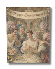 Vintage-style card with women in formal attire celebrating an engagement, featuring the text 'Happy Engagement!'.