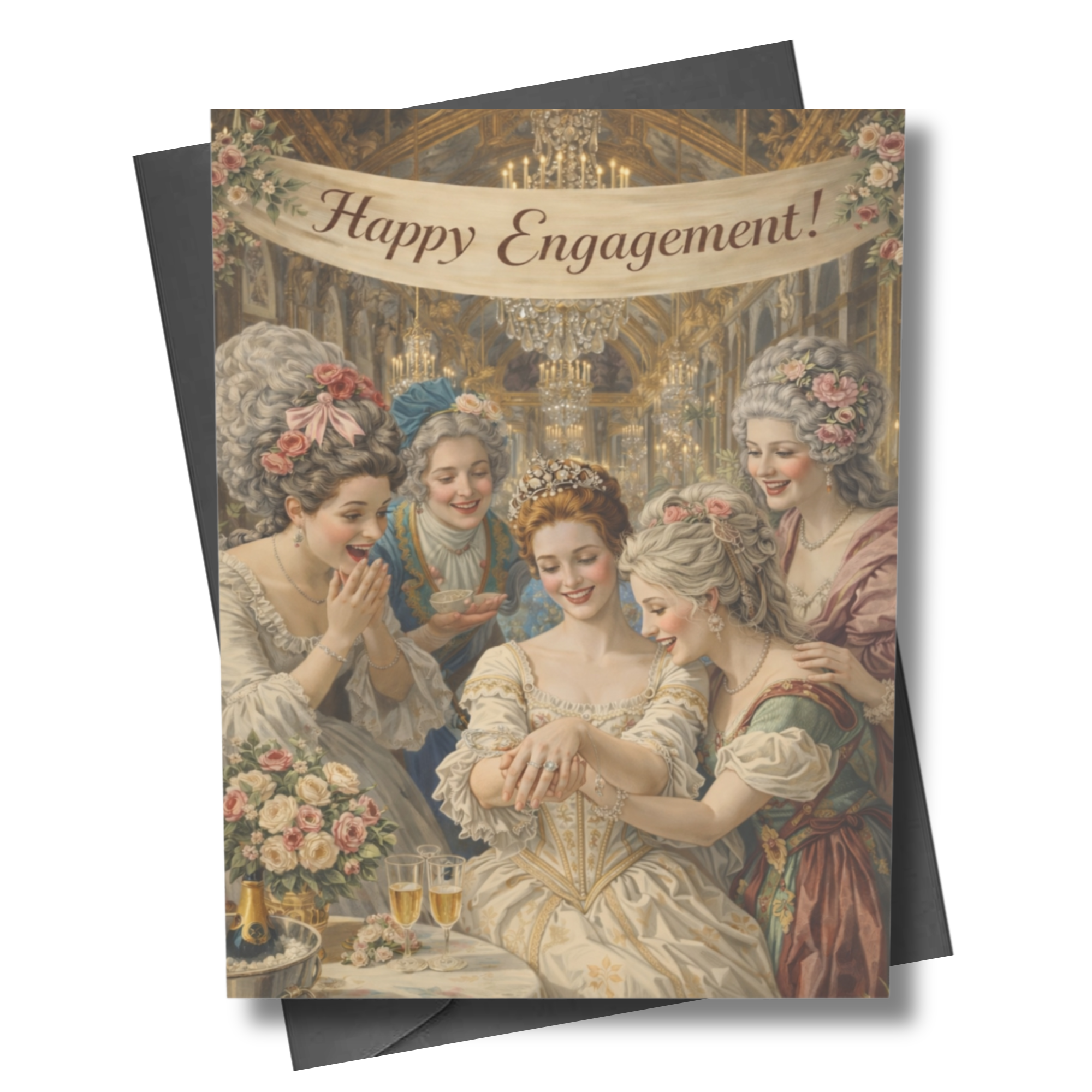 Vintage-style card with women in formal attire and 'Happy Engagement!' text.