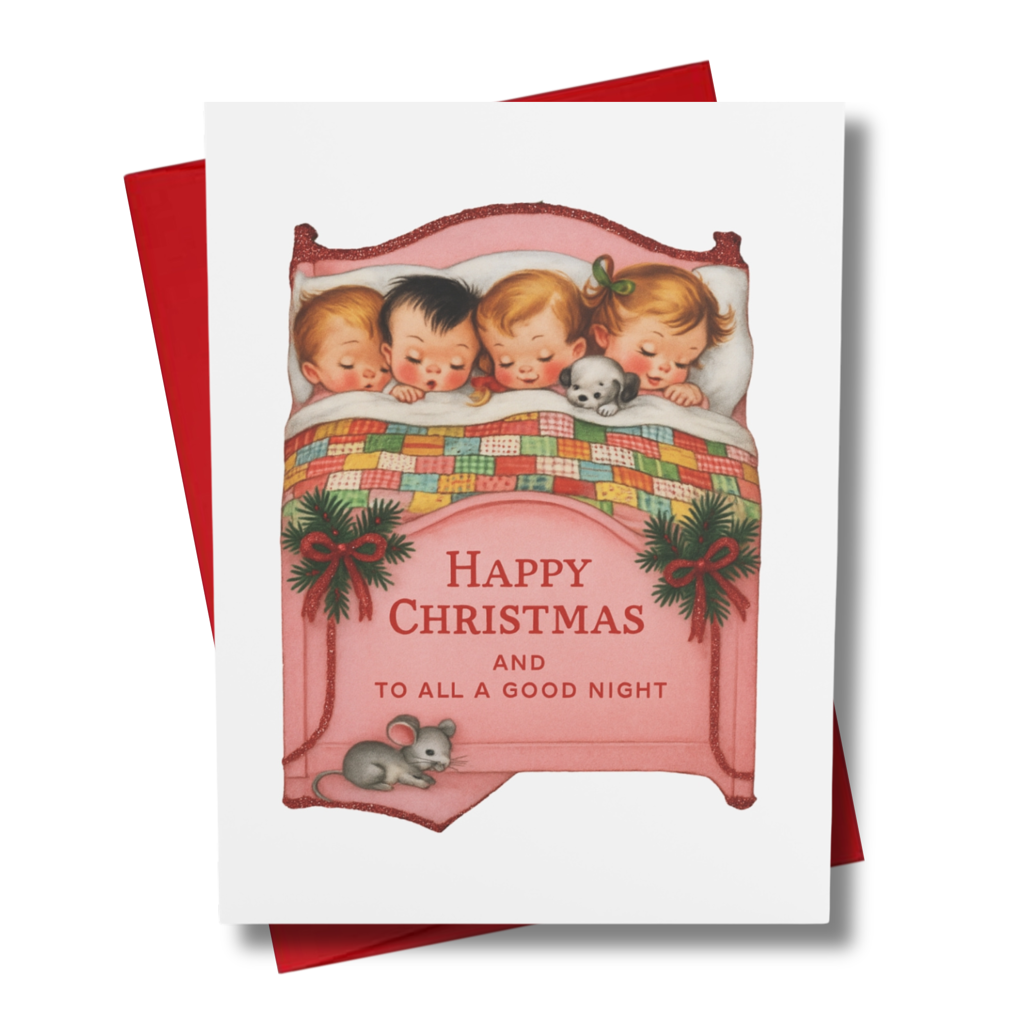 greeting card for christmas of 4 children snug in a bed under a patchwork quilt with a pup.