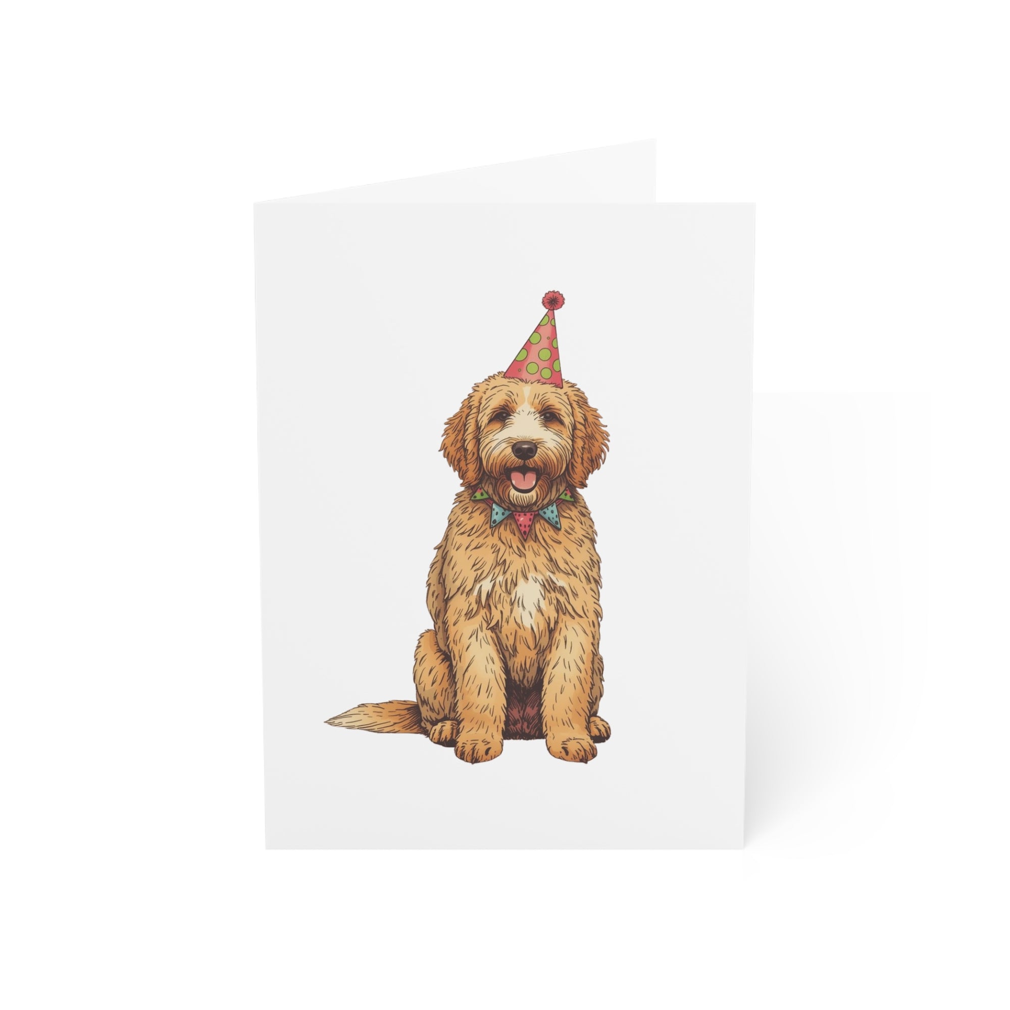 Birthday card with a goldendoodle wearing a party hat on a white background.