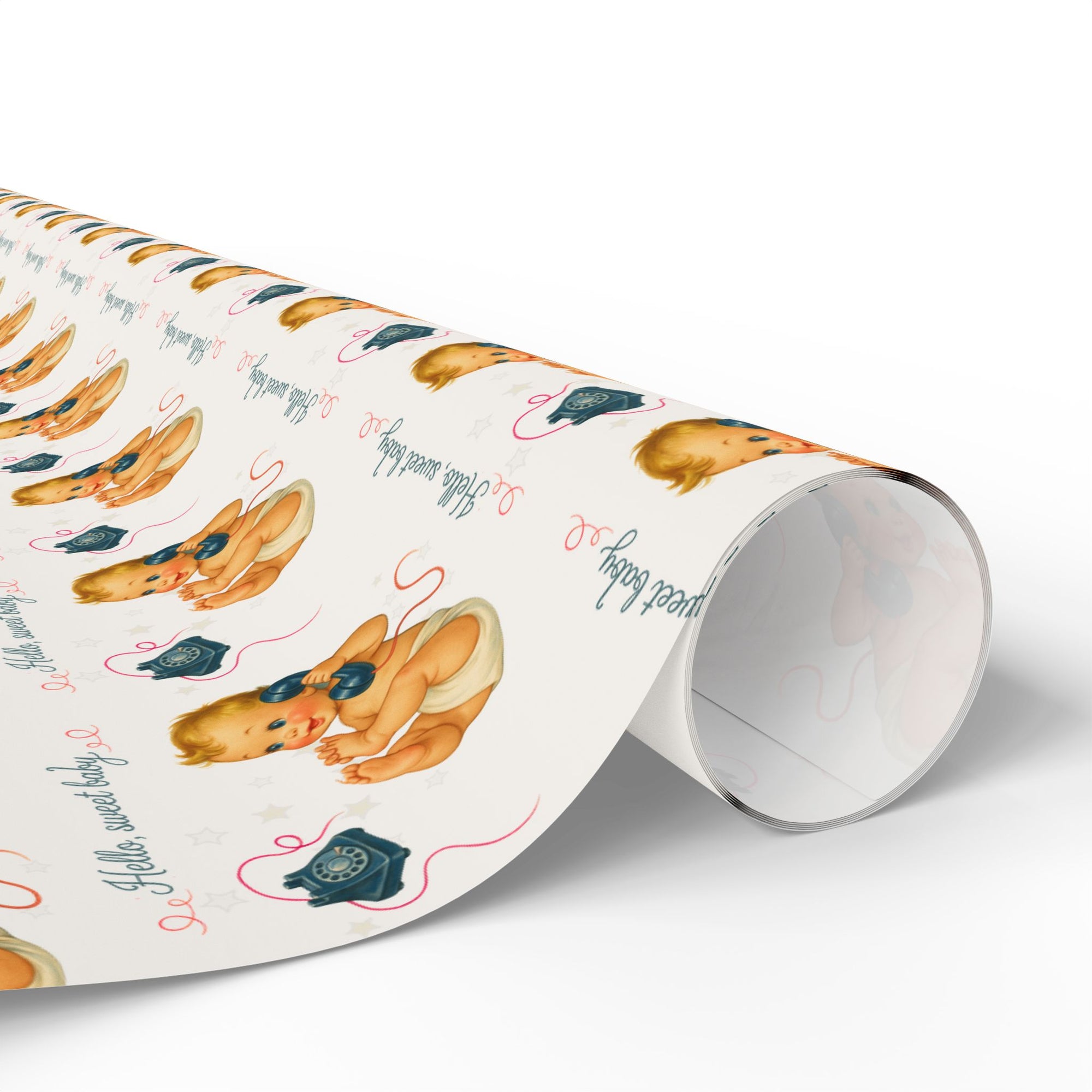 Roll of wrapping paper with baby illustrations on a white background