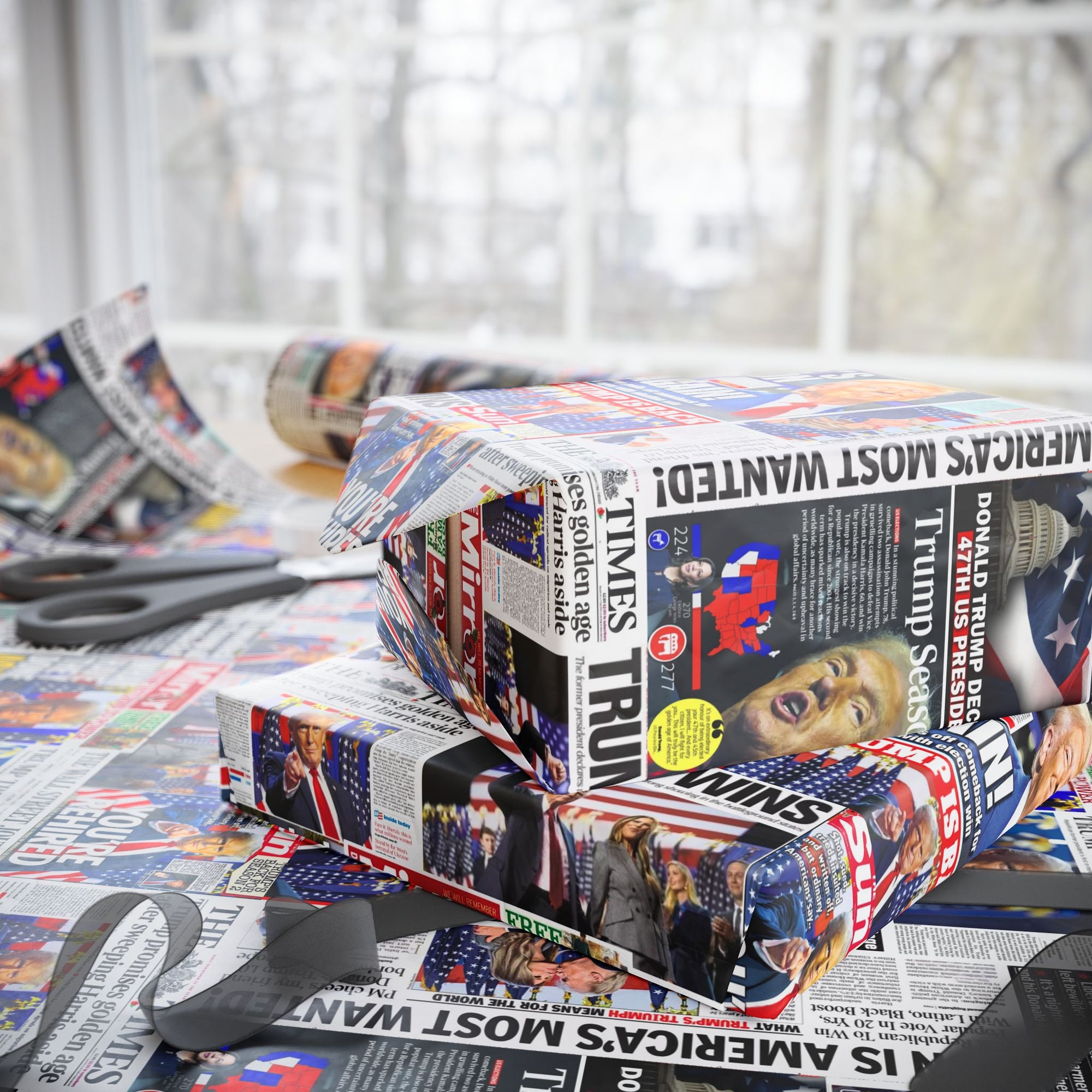 Republican Political wrapping paper with a newspaper design featuring articles that celebrate the 2024 election victory side