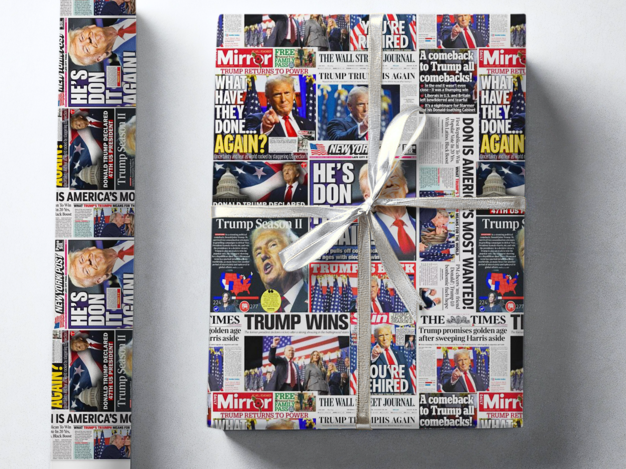 Republican Political wrapping paper with a newspaper design featuring articles that celebrate the 2024 election victory top view