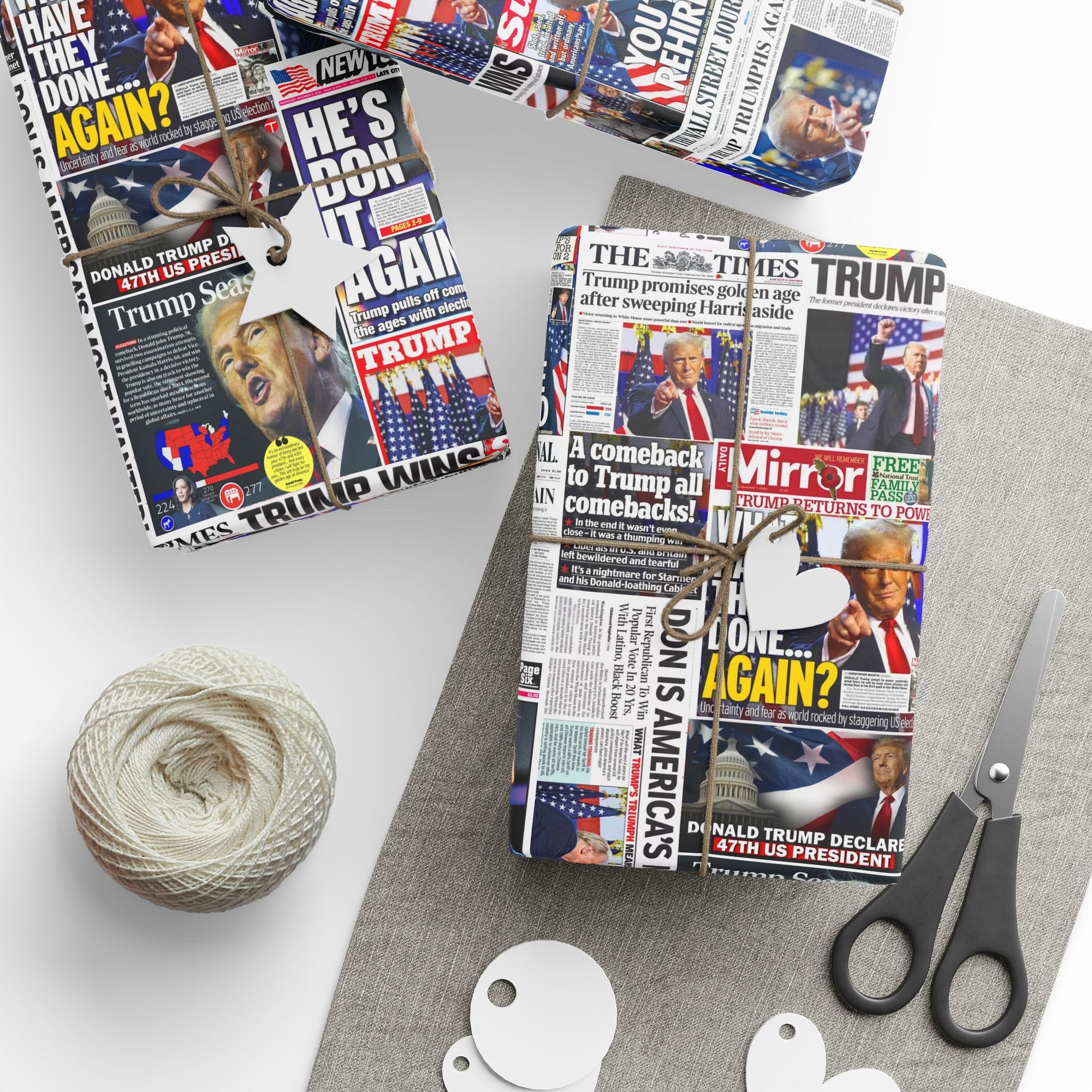 Republican Political wrapping paper with a newspaper design featuring articles that celebrate the 2024 election victory top