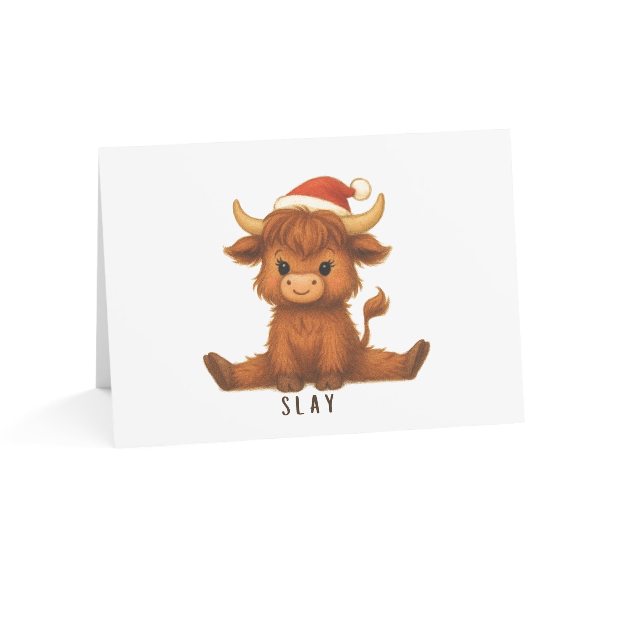 Card with a highland cow wearing a Santa hat and the word 'SLAY' on a white background