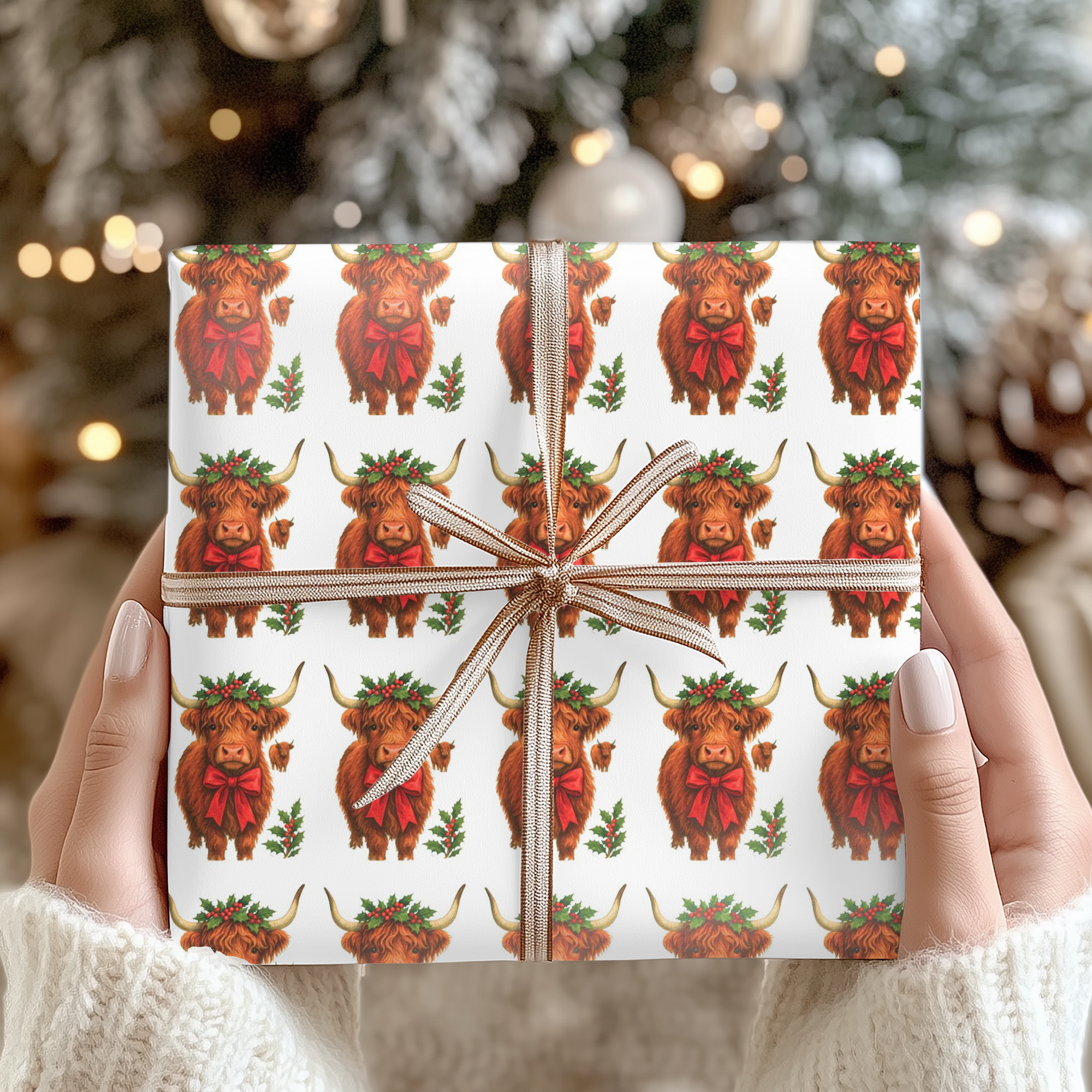 Gift wrapped in paper with Highland cow pattern held by hands against a blurred Christmas tree background