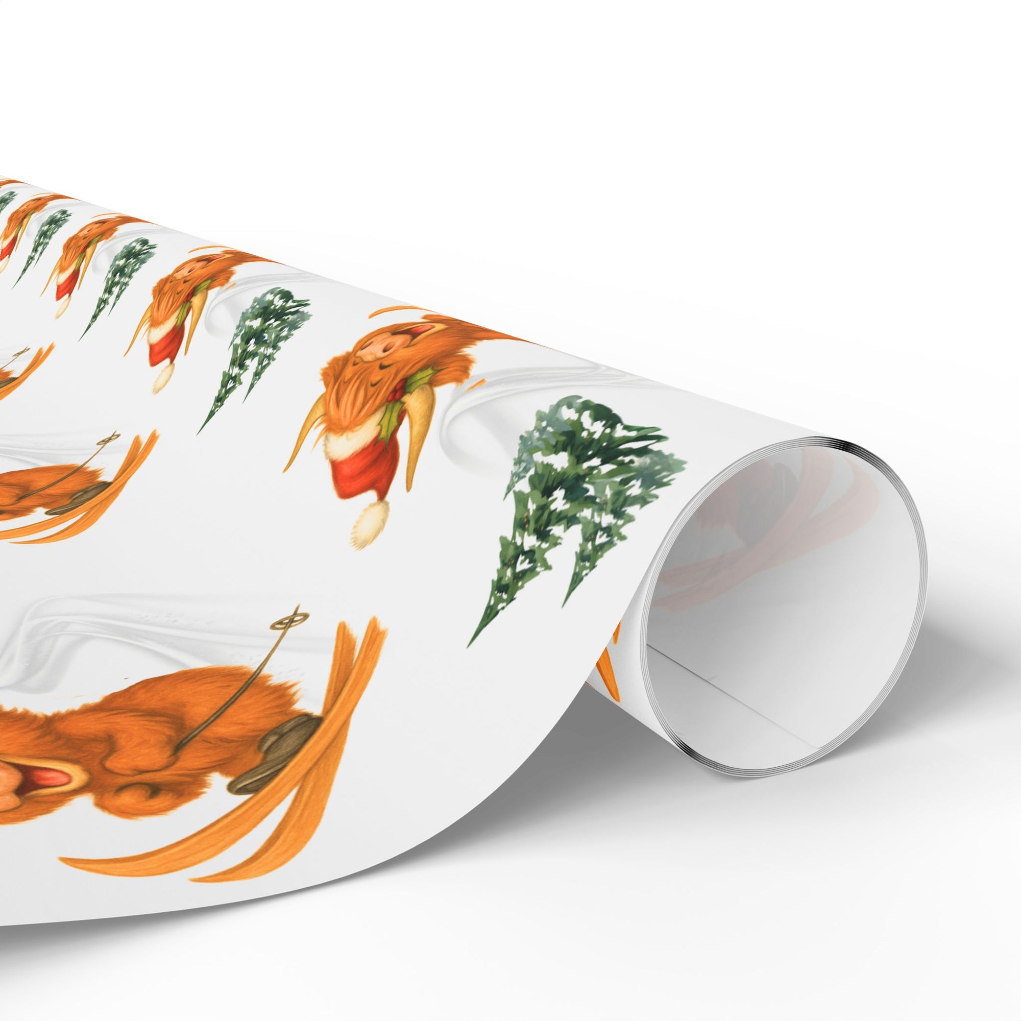 Christmas wrapping paper featuring a highland cow in a santa hat skiing down a snowy hill, set on a white background.