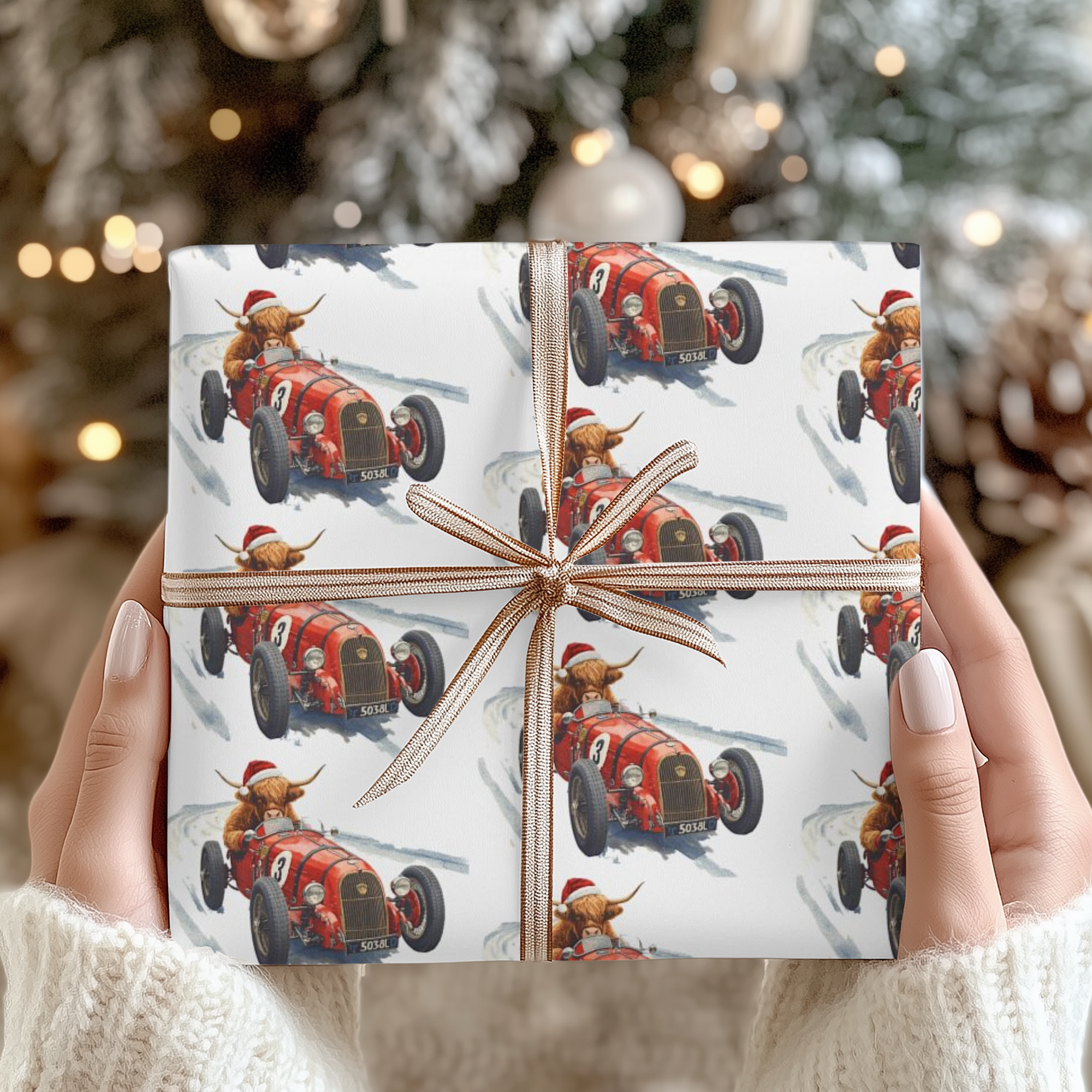 Highland Cow Racing Christmas Wrapping Paper | Vintage Car Holiday Gift Wrap
