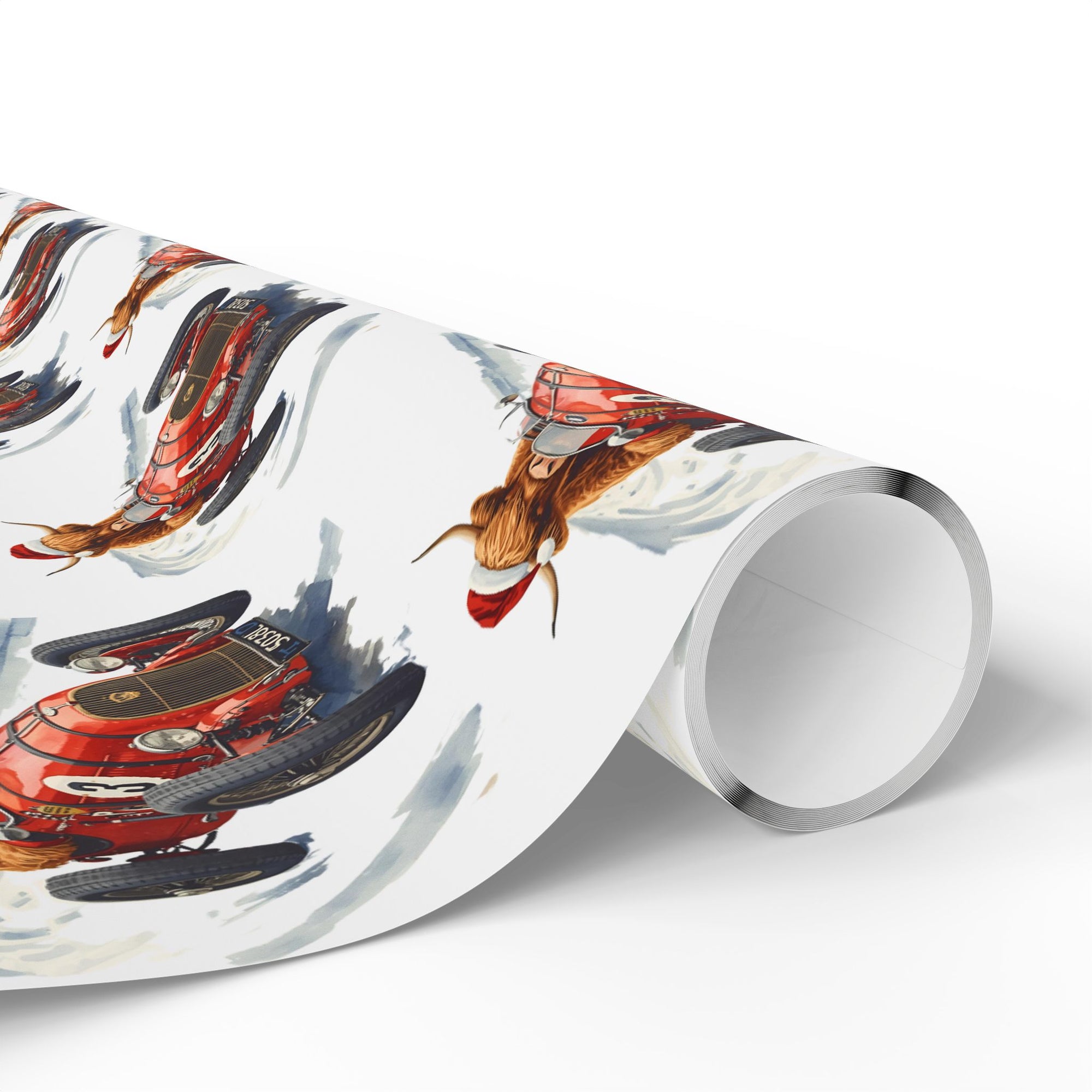 Christmas wrapping paper roll featuring a highland cow speedy through snow in a vintage car.