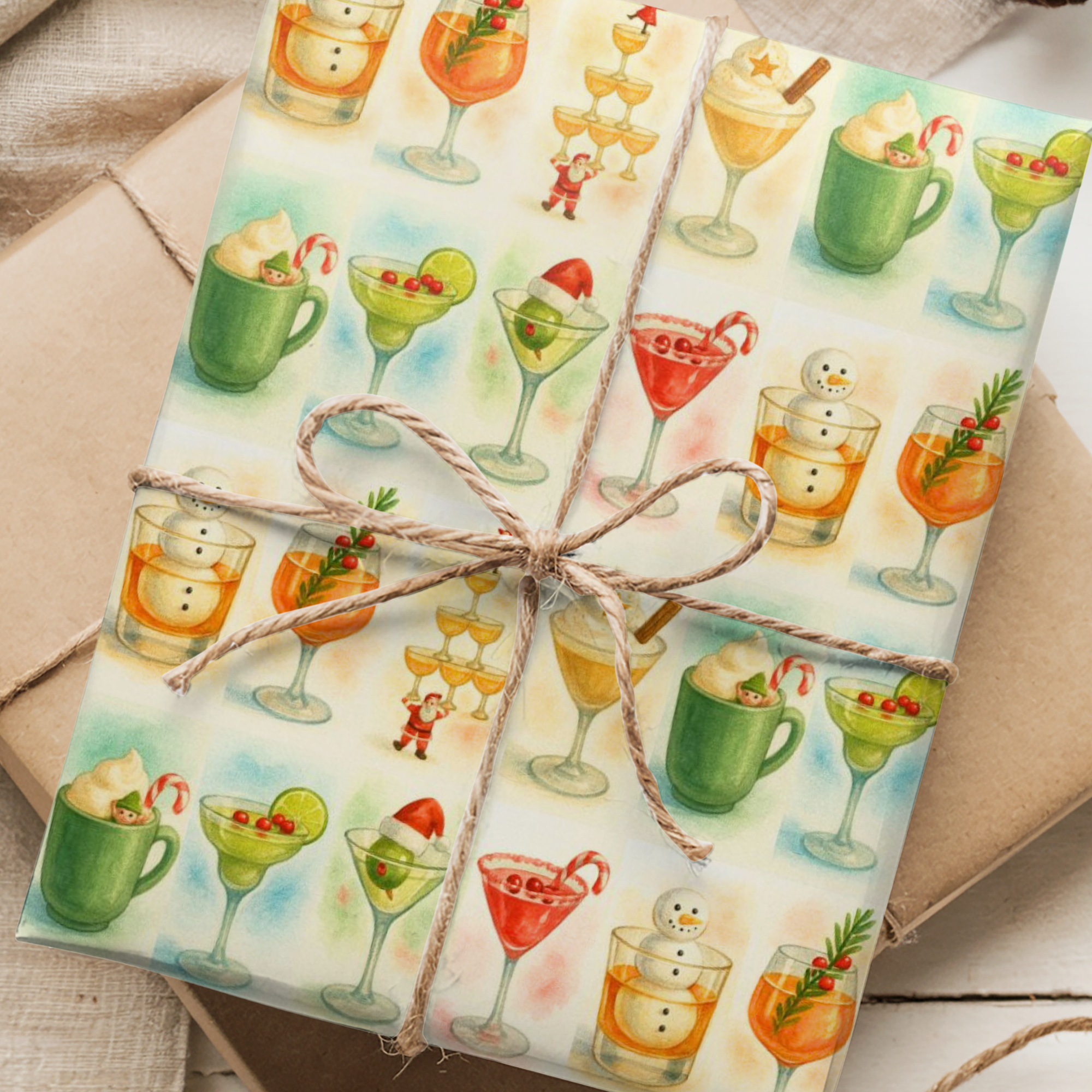 Vintage mid-century holiday cocktail wrapping paper featuring martinis, candy canes, and snowmen in watercolor style.