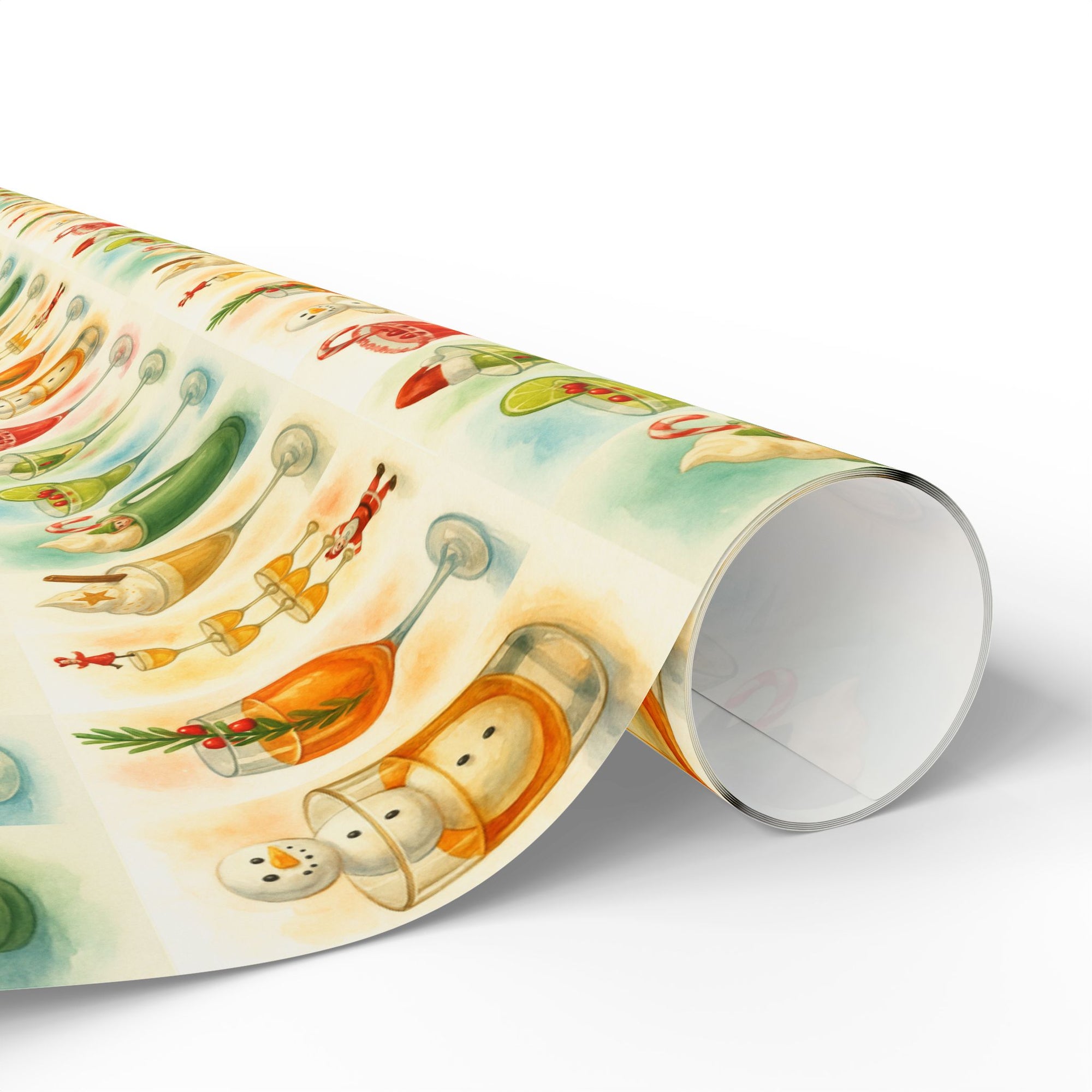 Vintage mid-century holiday cocktail wrapping paper featuring martinis, candy canes, and snowmen in watercolor style.