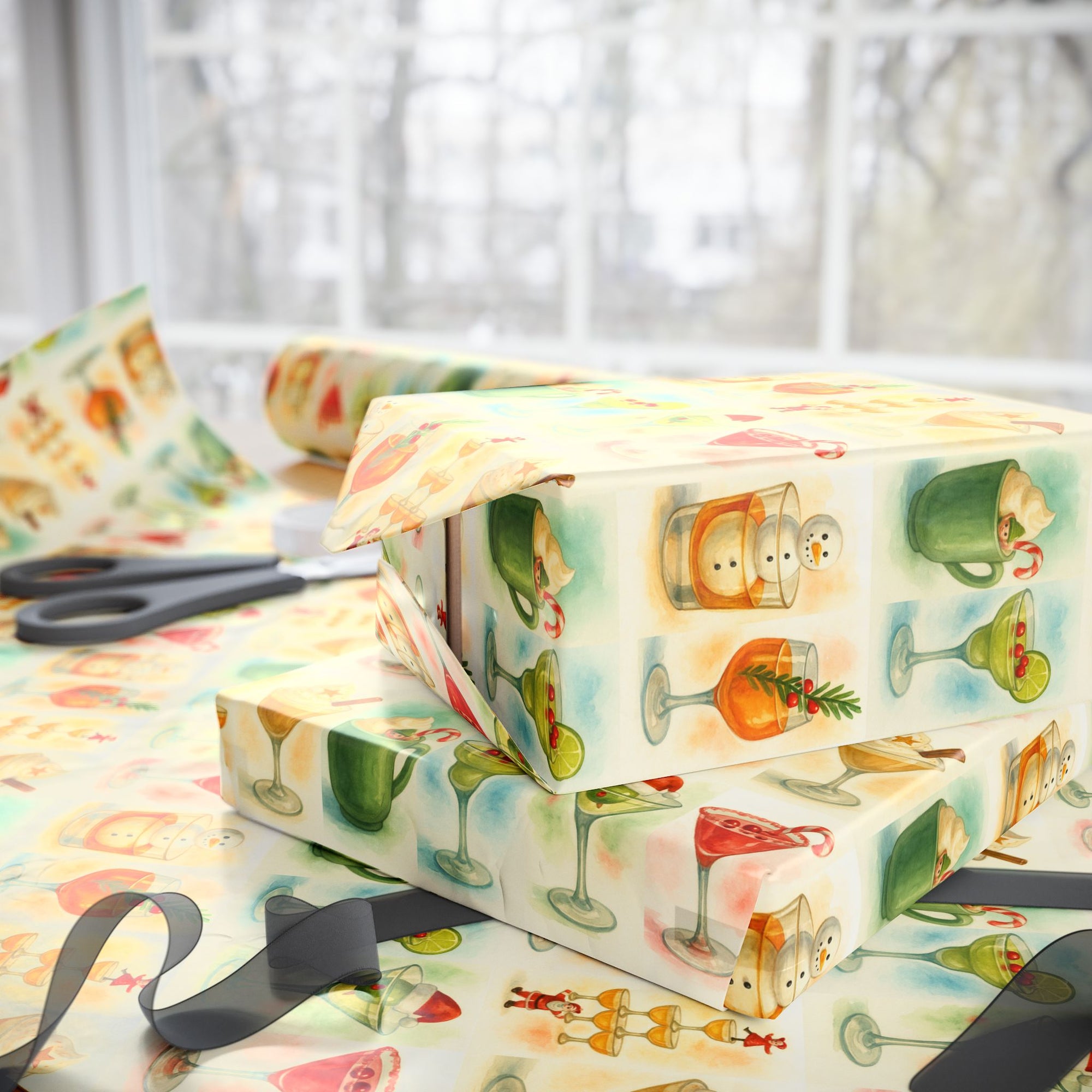 Vintage mid-century holiday cocktail wrapping paper featuring martinis, candy canes, and snowmen in watercolor style.
