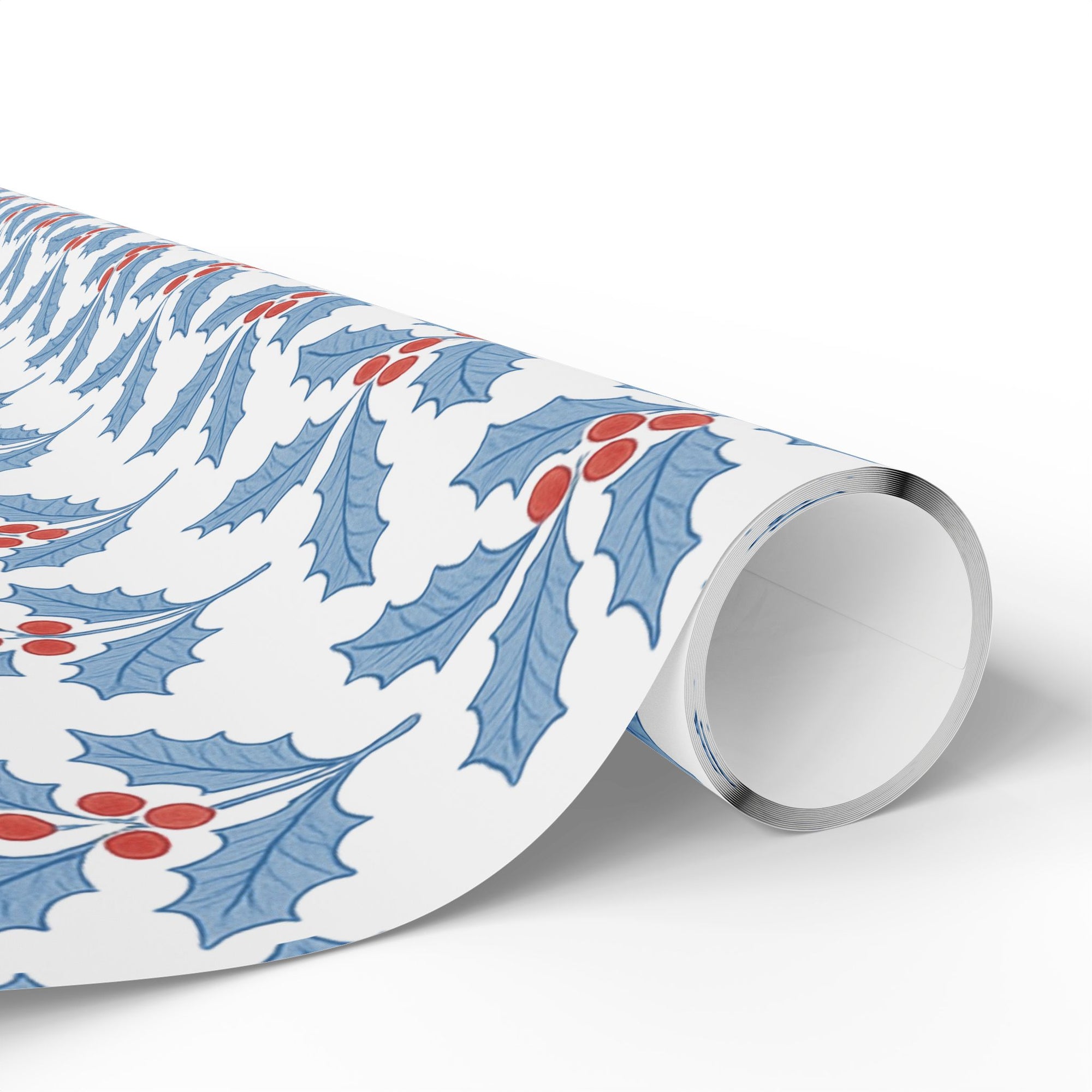 Roll of red white and blue holly-patterned paper.