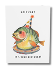 Funny fishing birthday card for men featuring a fish in a party hat and the phrase “Holy Carp It’s Your Birthday” perfect birthday card for fishermen and anglers.