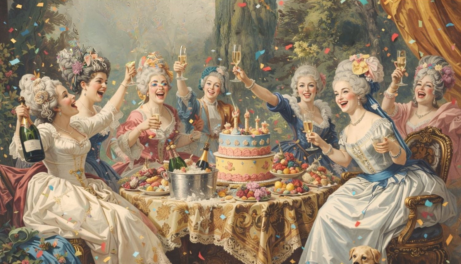 Painting of a group of elegantly dressed people celebrating with cake and champagne.