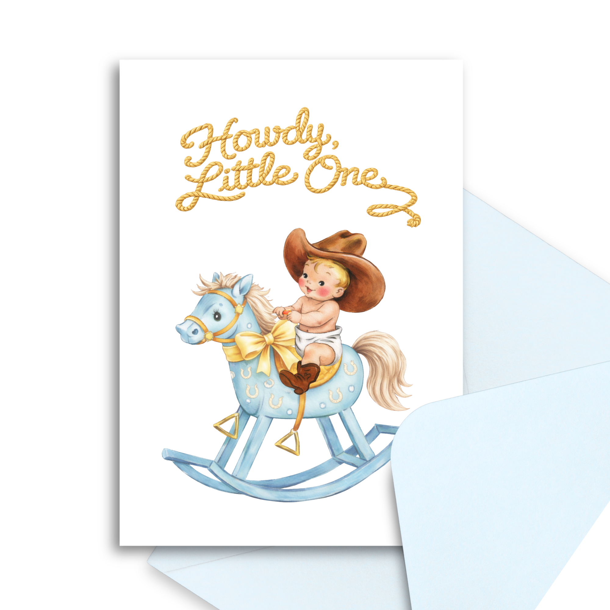 New Baby card with a tiny baby cowboy riding a rocking horse and 'Howdy, Little One' text.